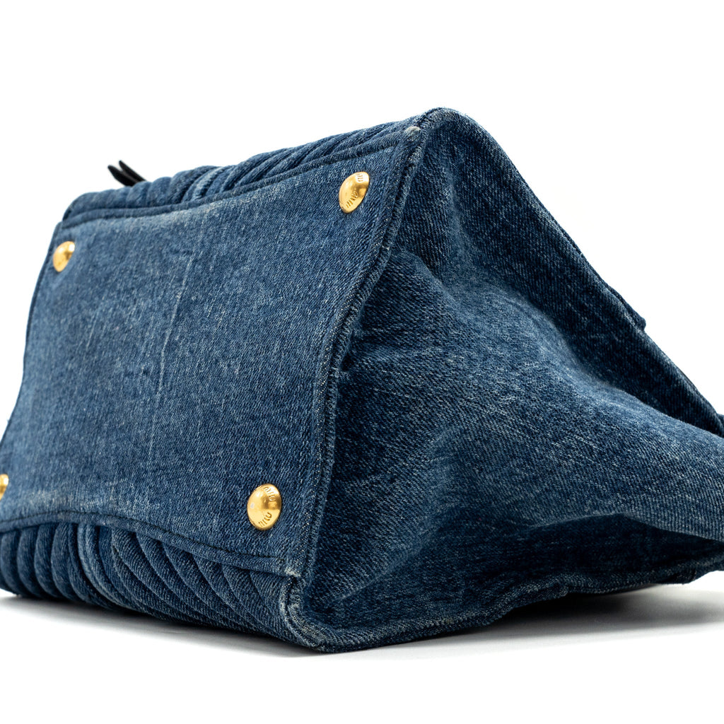 MIUMIU SMALL BIKER TOP HANDLE SATCHEL DENIM NAVY BLUE GHW