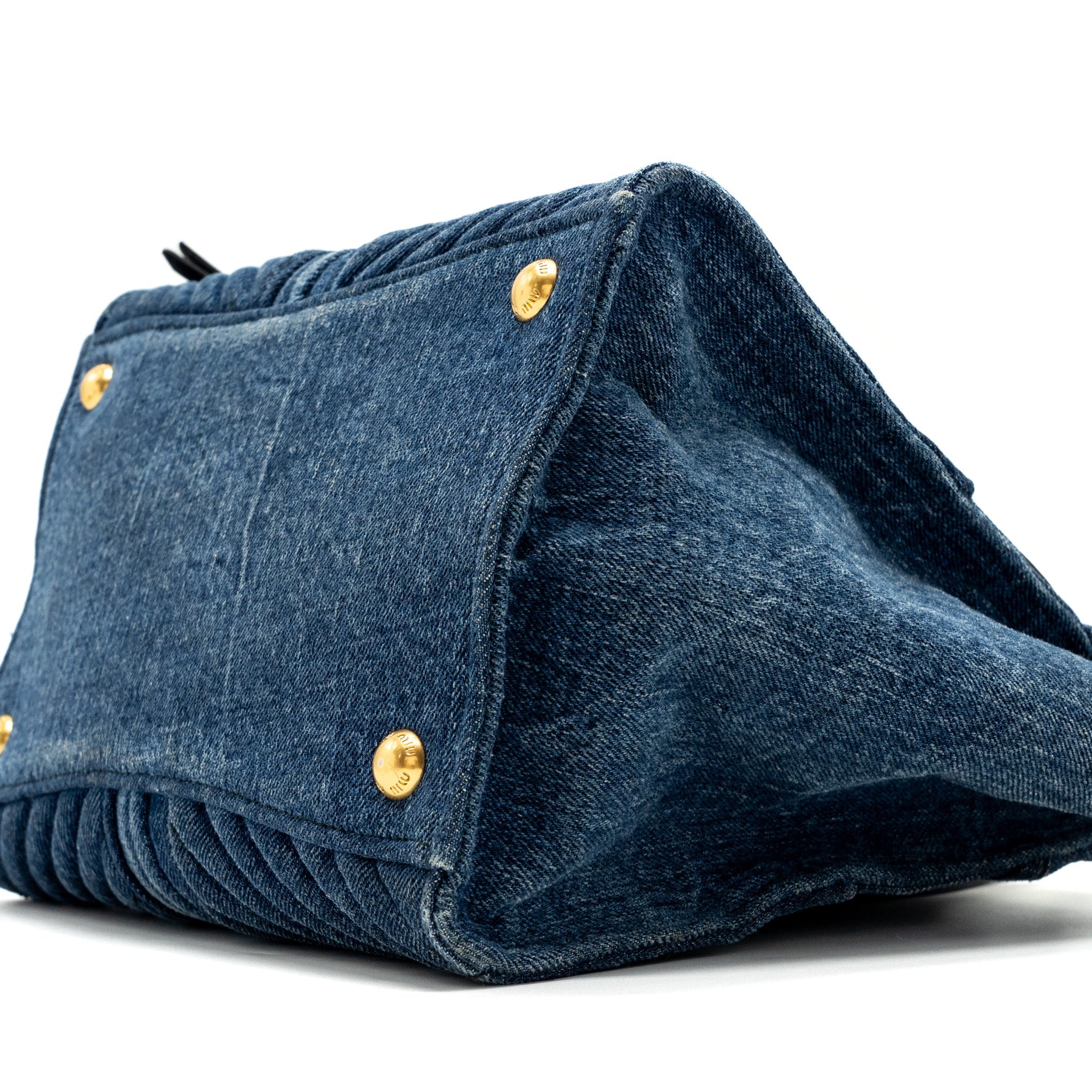 MIUMIU SMALL BIKER TOP HANDLE SATCHEL DENIM NAVY BLUE GHW