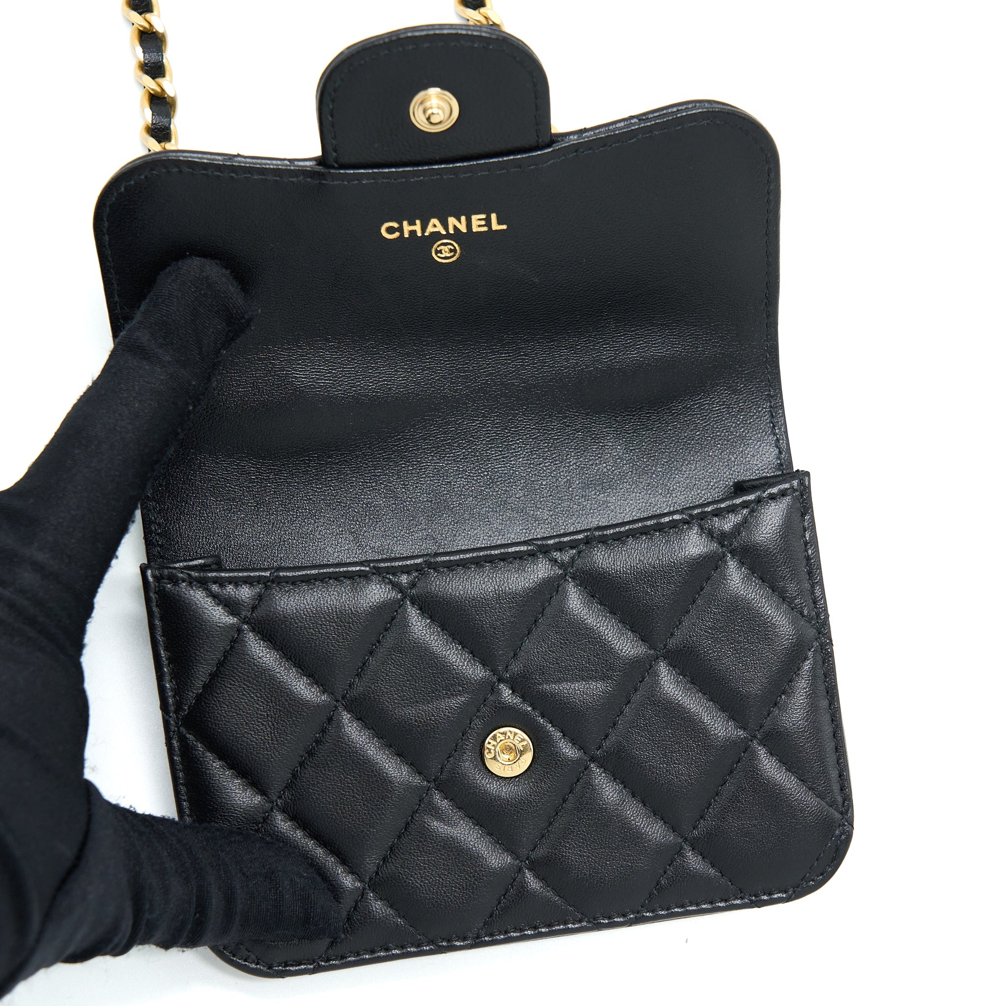 CHANEL TOP HANDLE MINI FLAP CARD HOLDER LAMBSKIN BLACK GHW