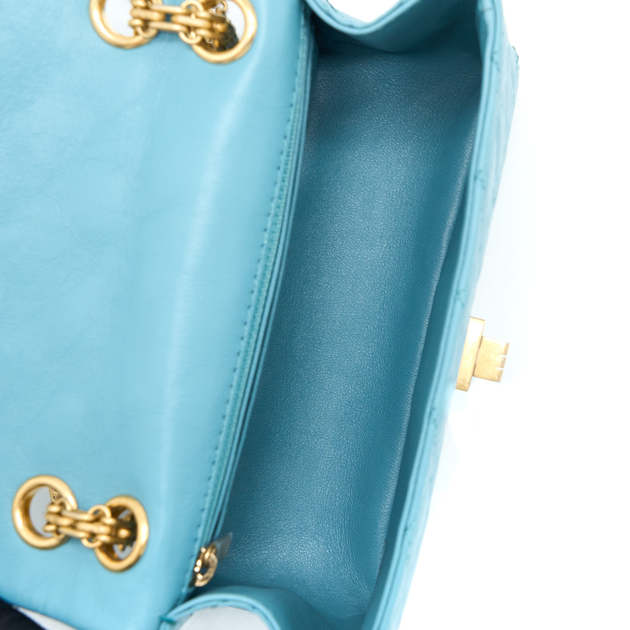 CHANEL MINI 2.55 REISSUE FLAP BAG AGED CALFSKIN LIGHT BLUE GHW