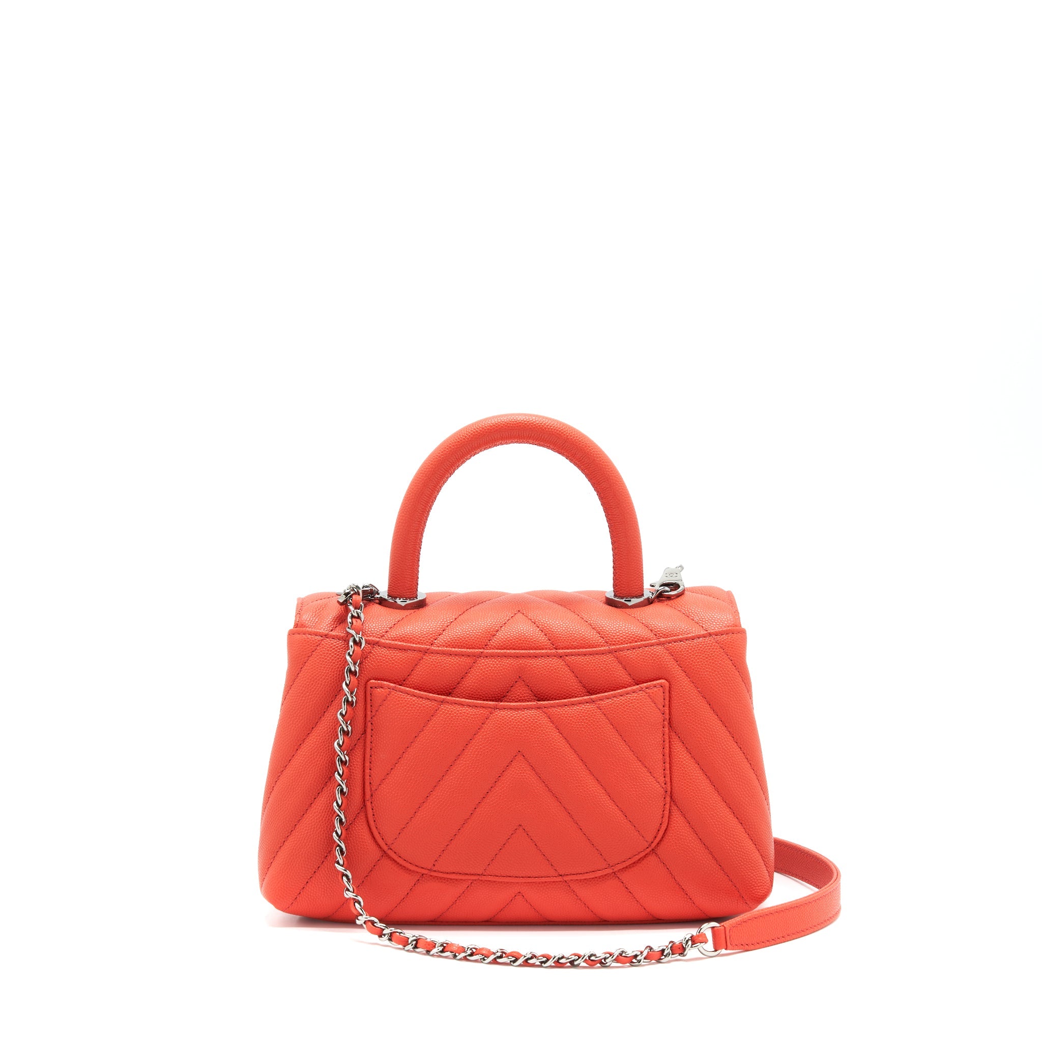 CHANEL COCO HANDLE SMALL 24CM CHEVRON CORAL RED RUTHENIUM HARDWARE