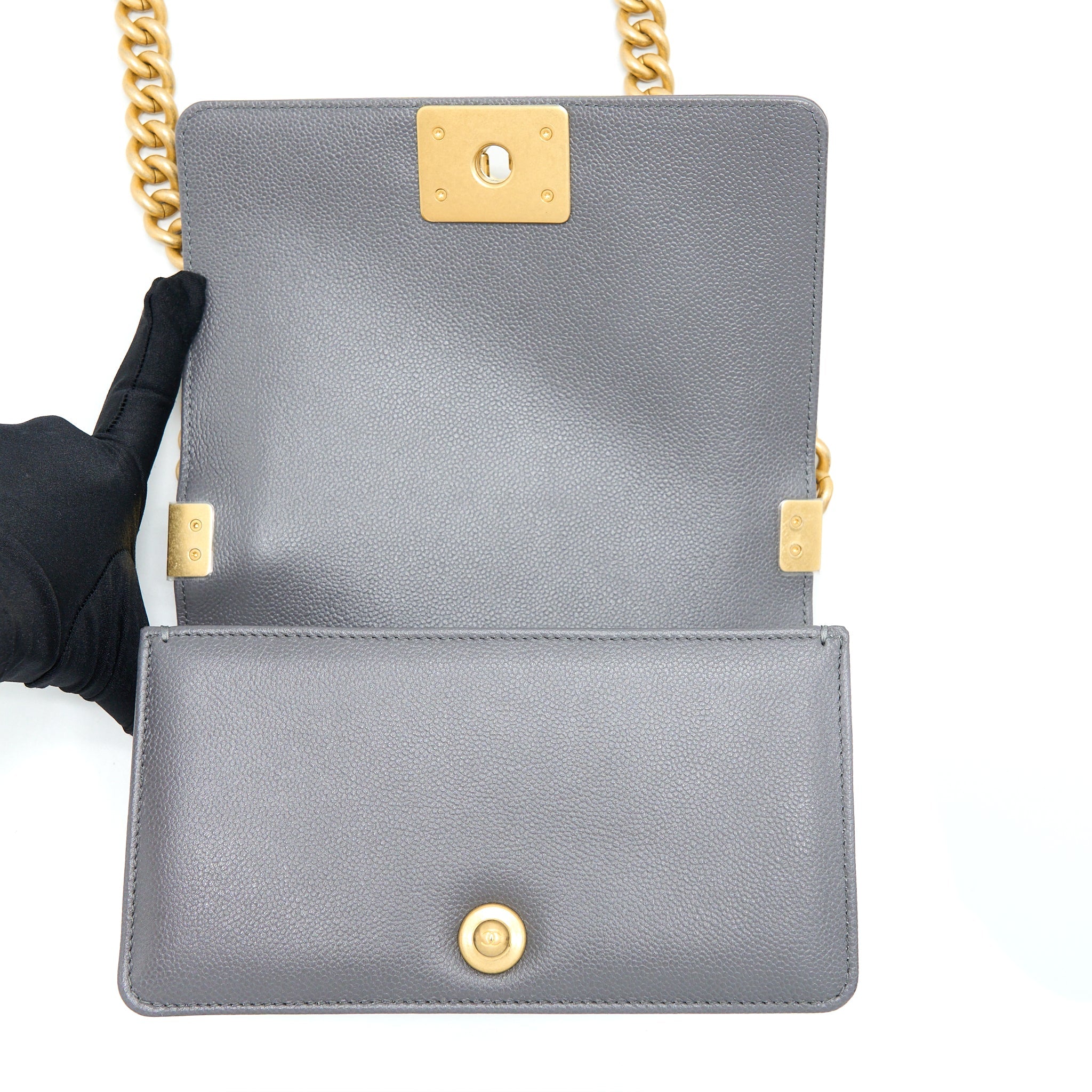 CHANEL SMALL BOY BAG CAVIAR GREY GHW (MICROCHIP)