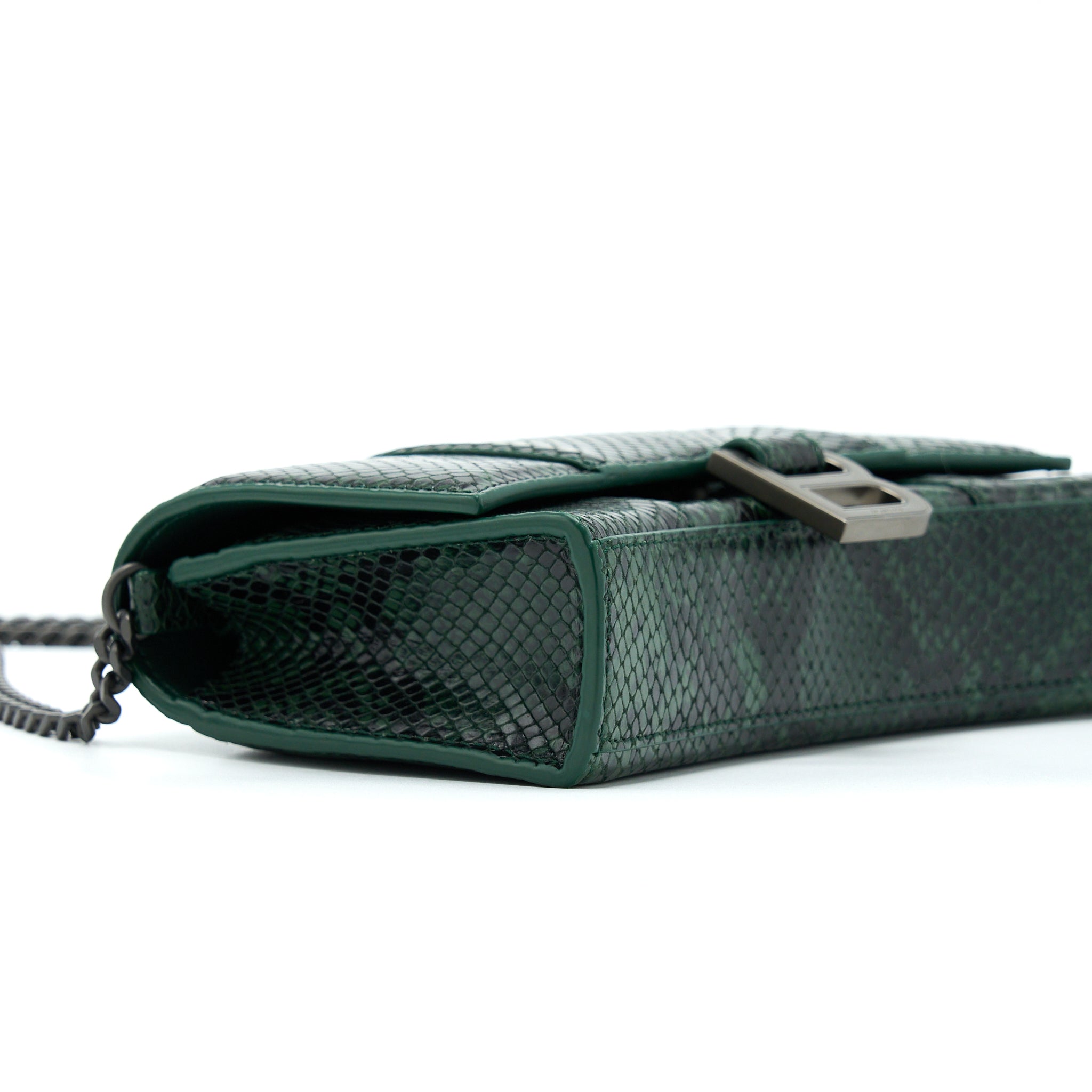 BALENCIAGA HOURGLASS WALLET WITH CHAIN PYTHON EMBOSSED CALFSKIN BLACK/ DARK GREEN