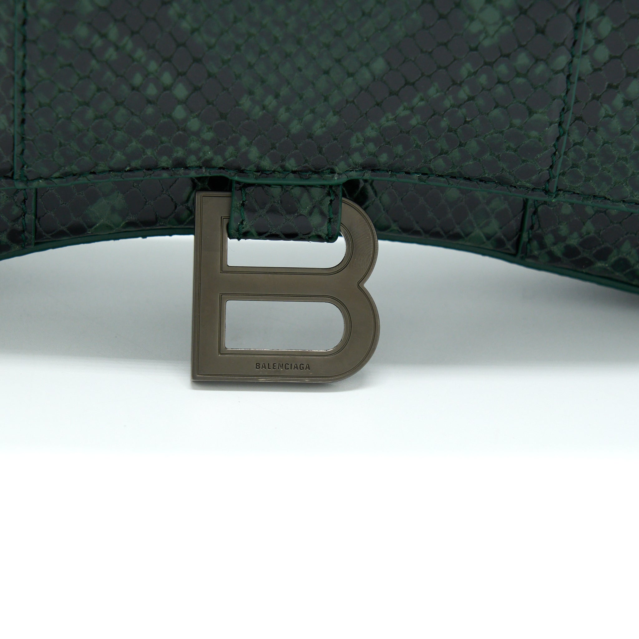 BALENCIAGA HOURGLASS WALLET WITH CHAIN PYTHON EMBOSSED CALFSKIN BLACK/ DARK GREEN