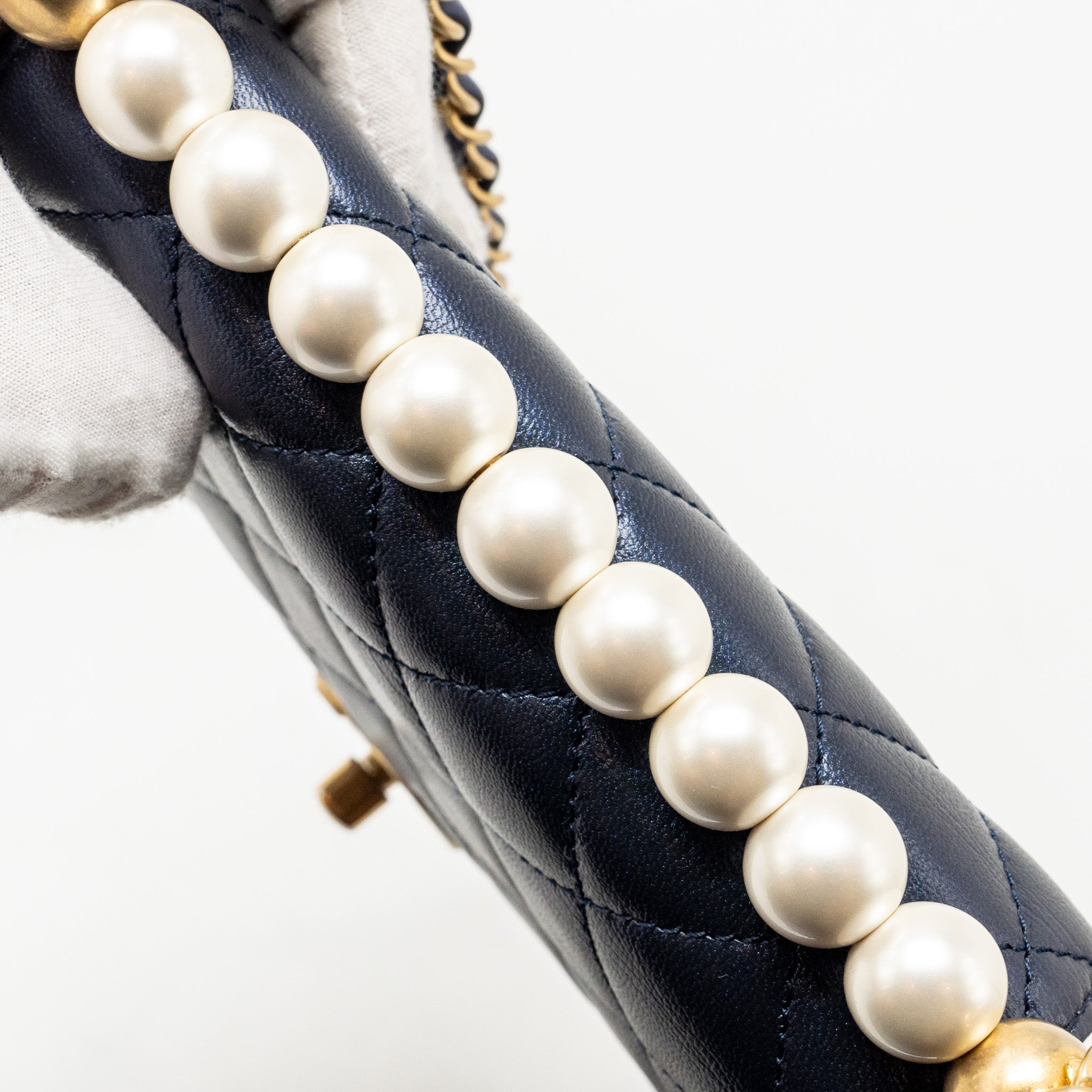 CHANEL PEARL DECORATED QUILTED FLAP BAG LAMBSKIN NAVY GHW