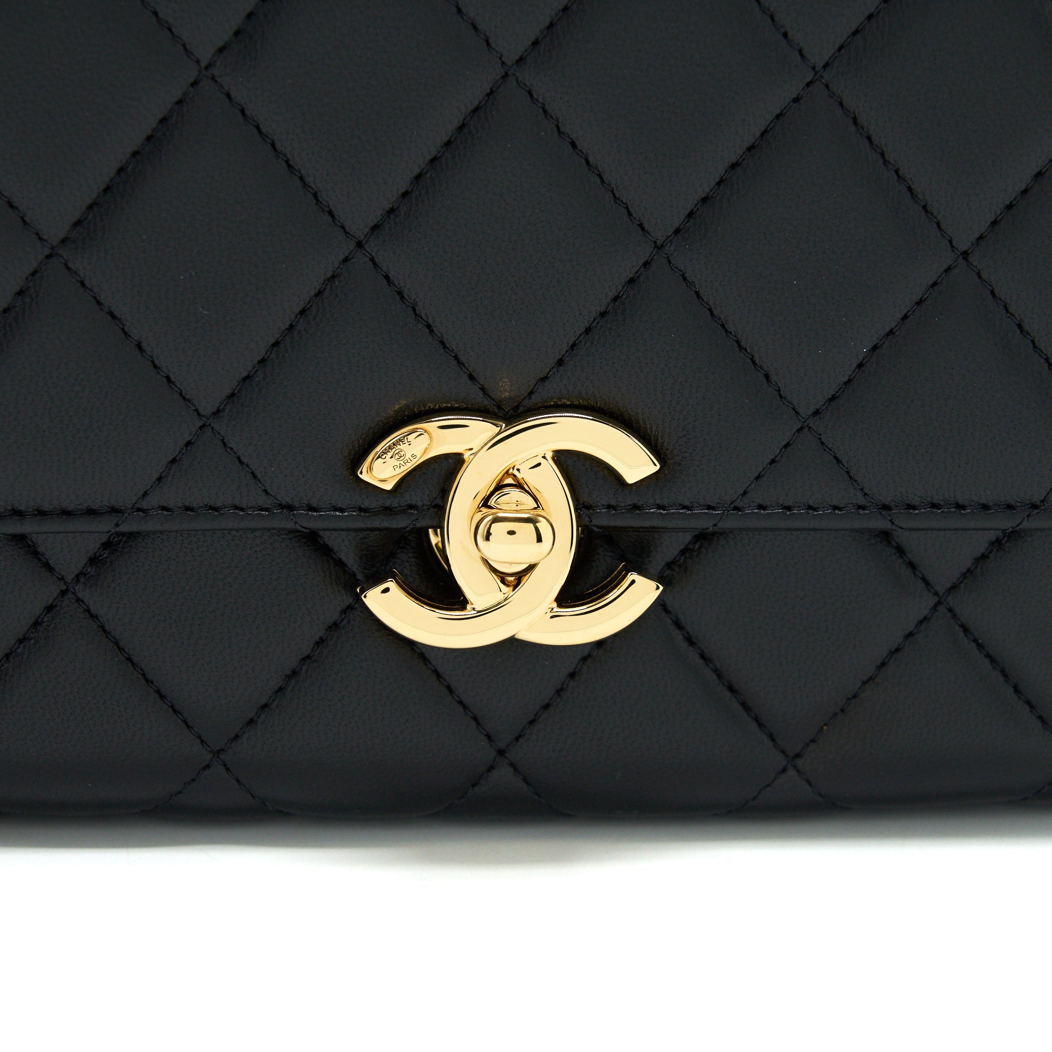 CHANEL 21K GOLD METAL MINI FLAP BAG WITH HANDLE BLACK GHW
