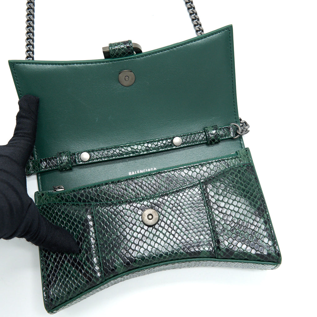 BALENCIAGA HOURGLASS WALLET WITH CHAIN PYTHON EMBOSSED CALFSKIN BLACK/ DARK GREEN
