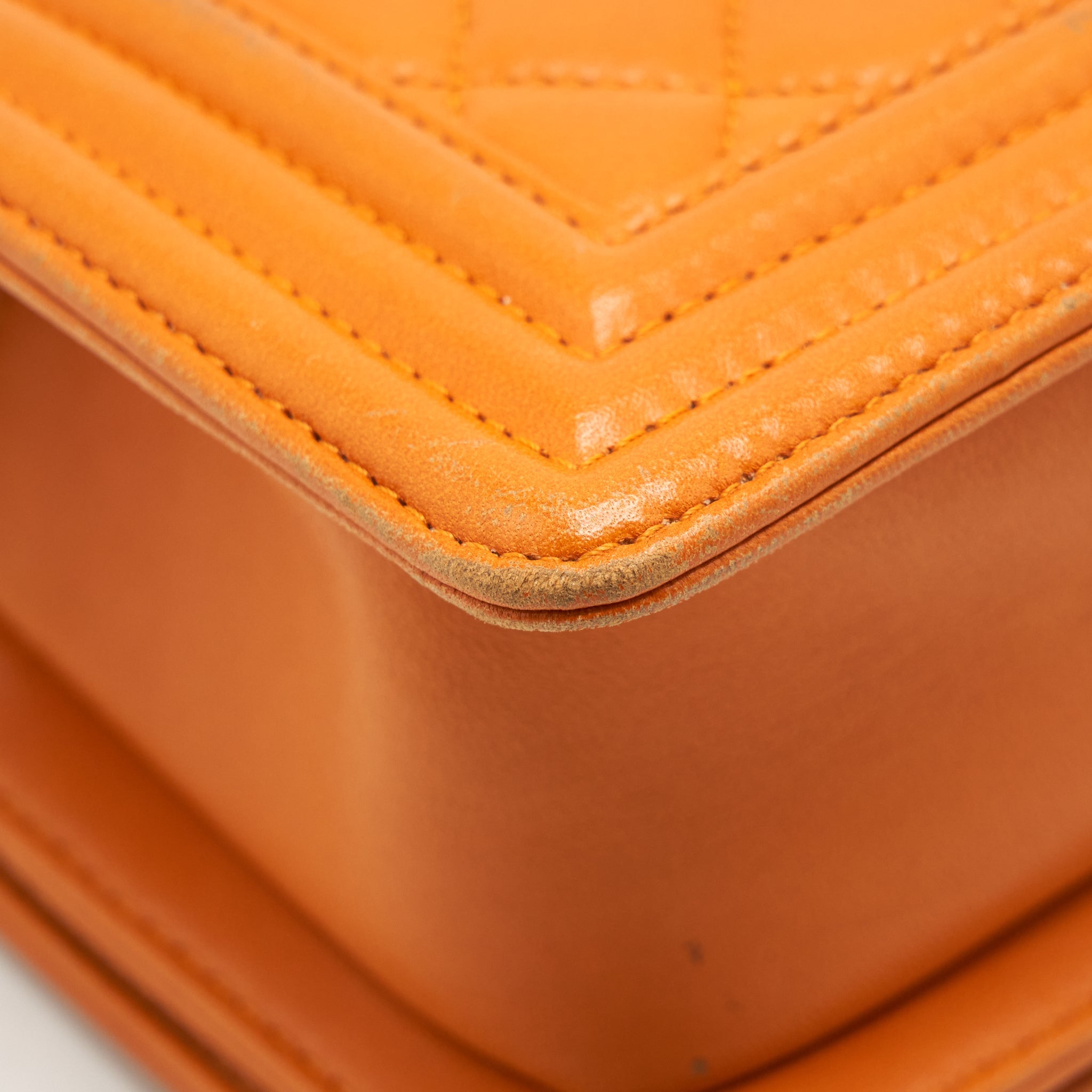 CHANEL SMALL BOY BAG LAMBSKIN ORANGE RUTHENIUM HARDWARE