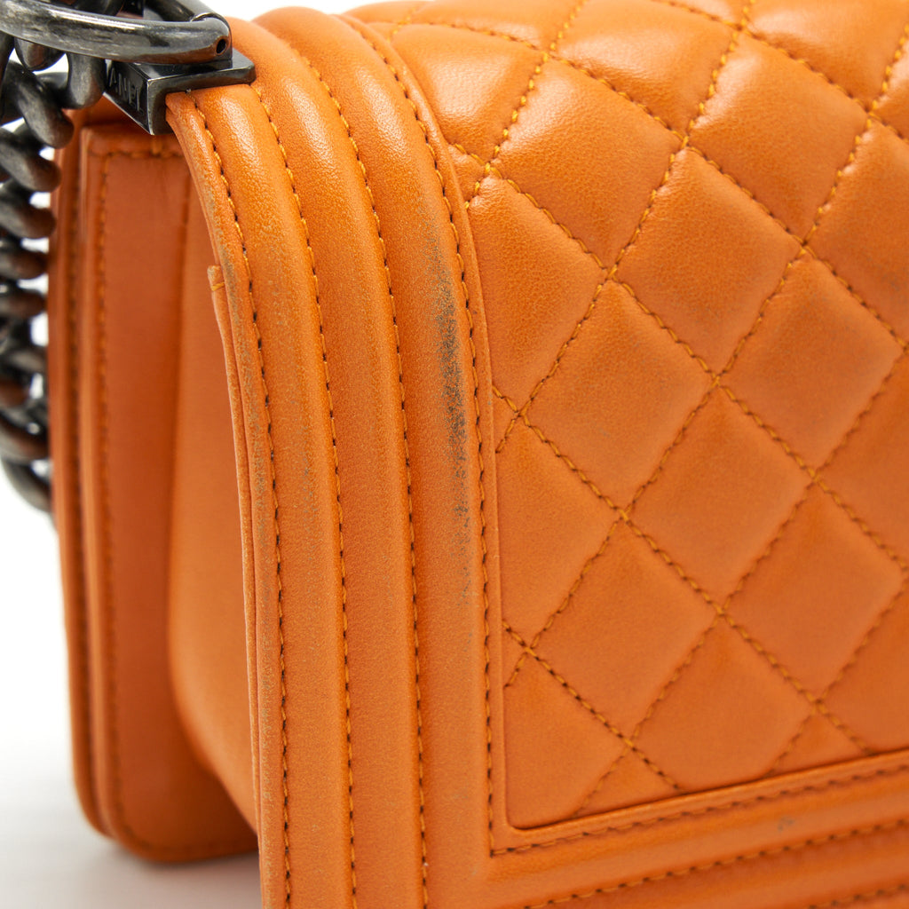 CHANEL SMALL BOY BAG LAMBSKIN ORANGE RUTHENIUM HARDWARE