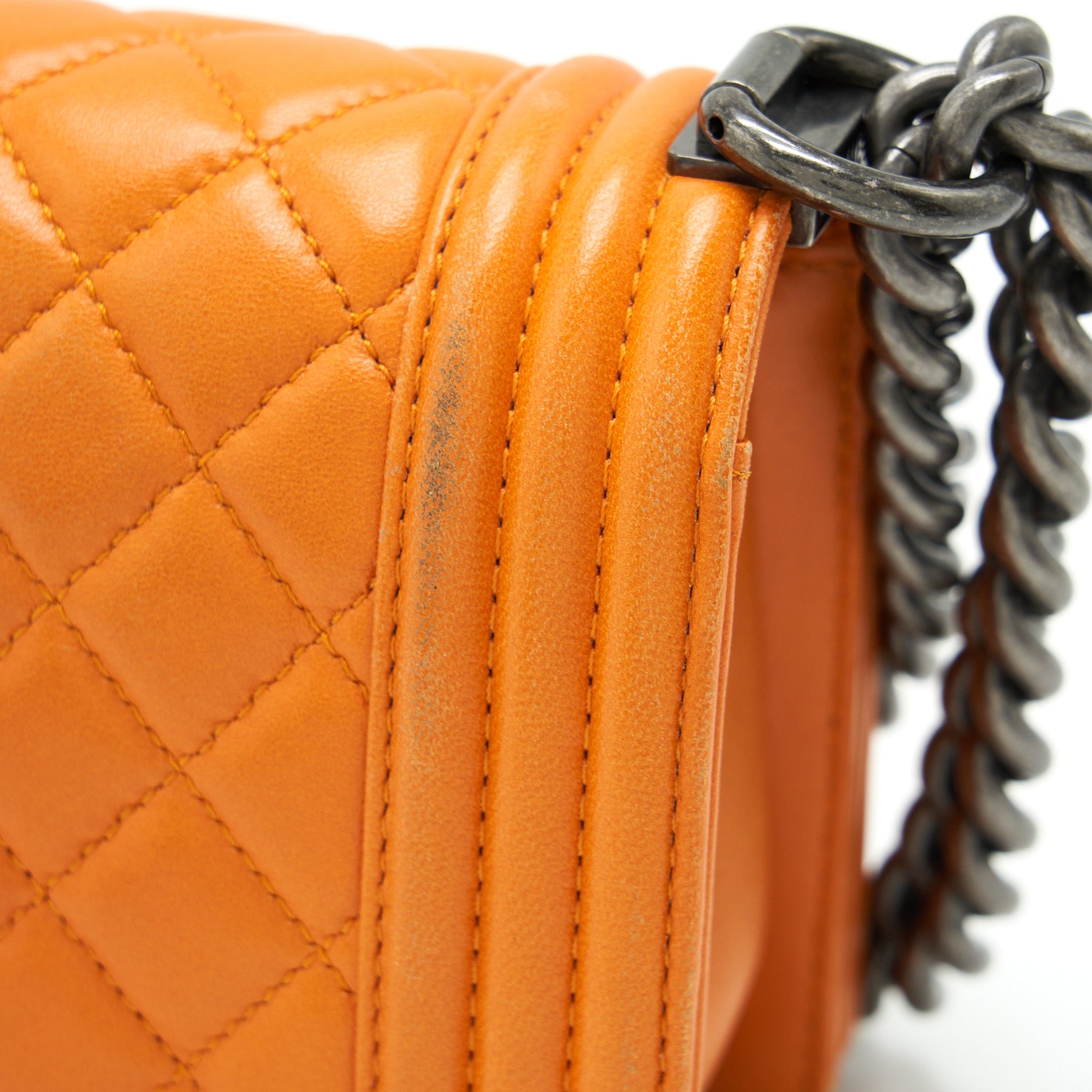 CHANEL SMALL BOY BAG LAMBSKIN ORANGE RUTHENIUM HARDWARE
