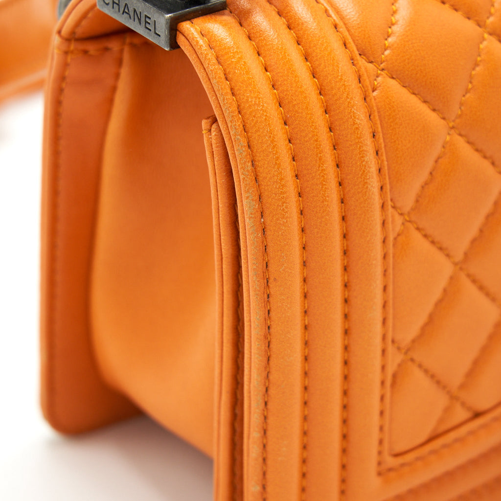 CHANEL SMALL BOY BAG LAMBSKIN ORANGE RUTHENIUM HARDWARE