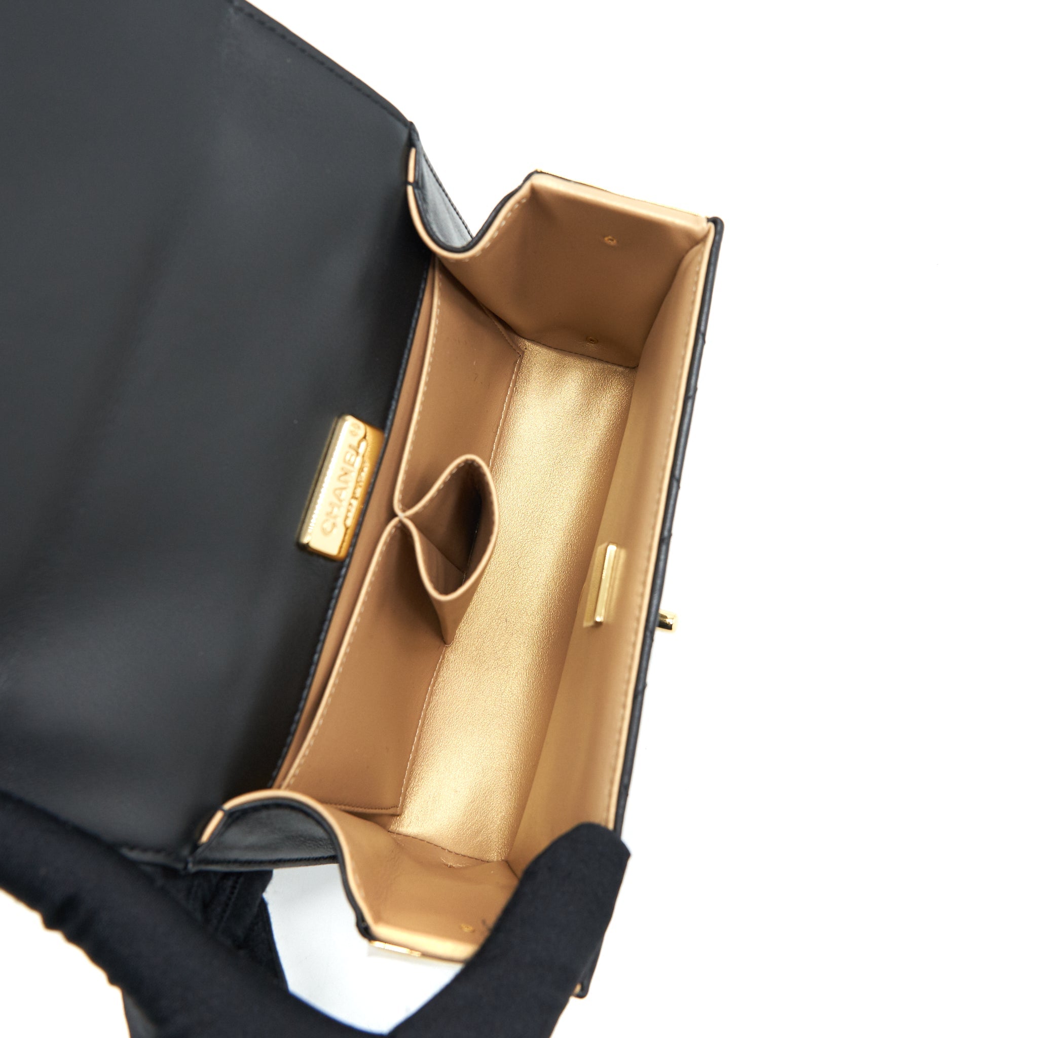 CHANEL 21K GOLD METAL MINI FLAP BAG WITH HANDLE BLACK GHW