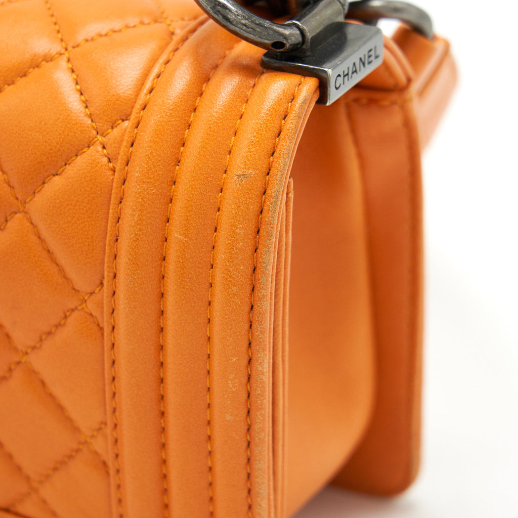 CHANEL SMALL BOY BAG LAMBSKIN ORANGE RUTHENIUM HARDWARE