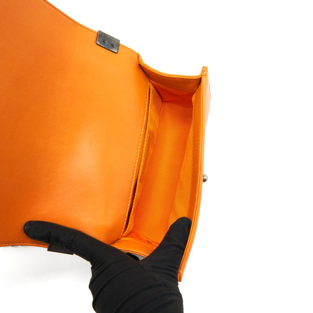 CHANEL SMALL BOY BAG LAMBSKIN ORANGE RUTHENIUM HARDWARE