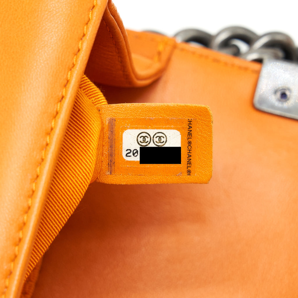 CHANEL SMALL BOY BAG LAMBSKIN ORANGE RUTHENIUM HARDWARE