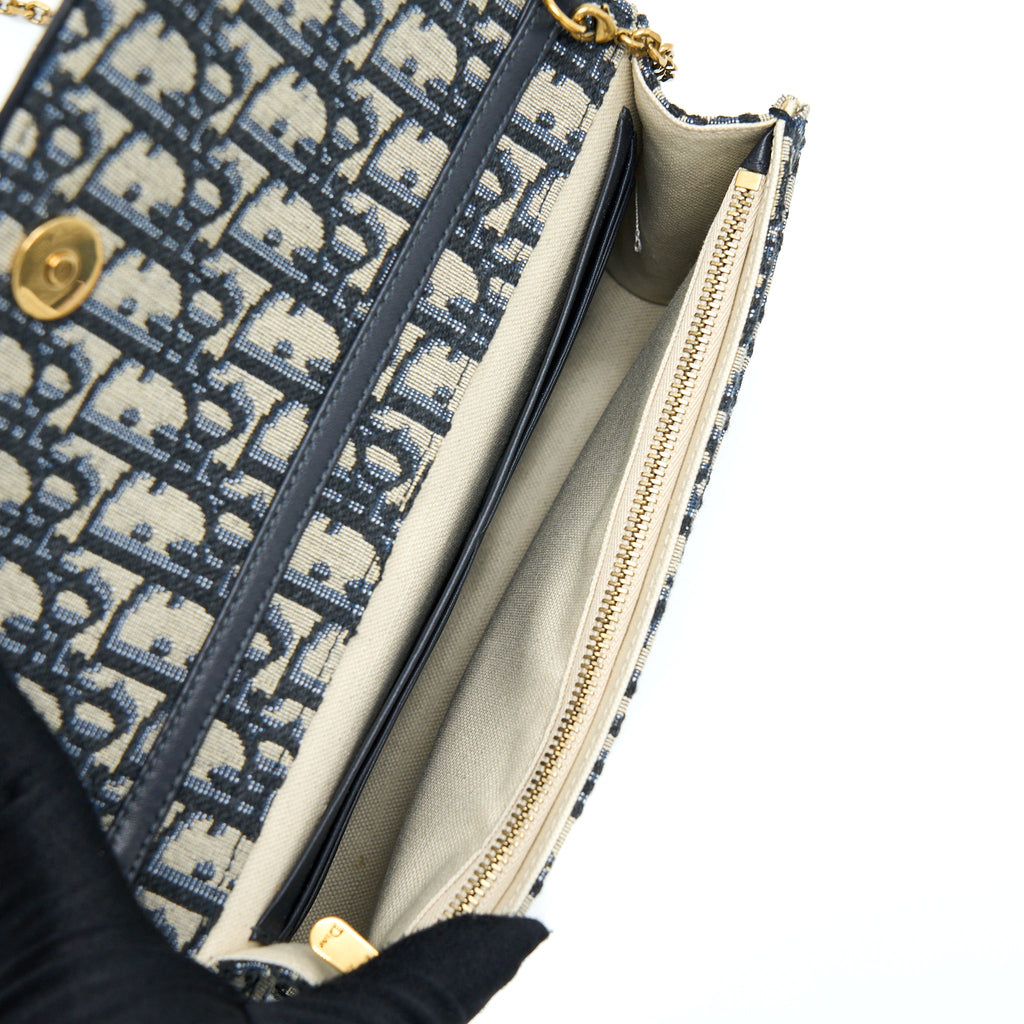 DIOR SADDLE POUCH WITH CHAIN BLUE DIOR OBLIQUE JACQUARD GHW