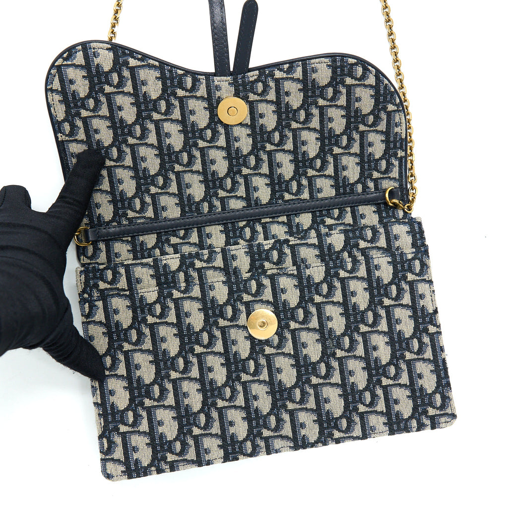 DIOR SADDLE POUCH WITH CHAIN BLUE DIOR OBLIQUE JACQUARD GHW