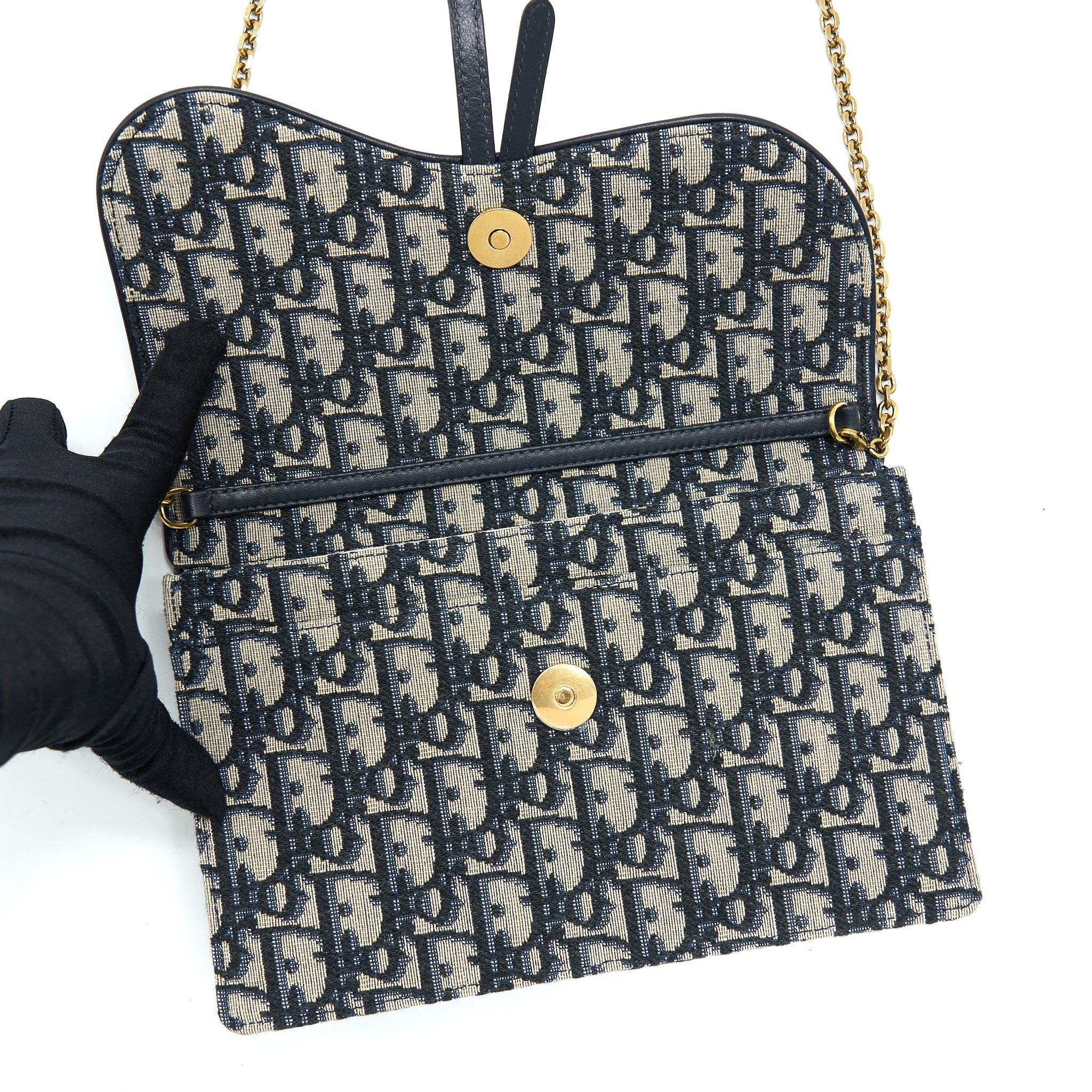 DIOR SADDLE POUCH WITH CHAIN BLUE DIOR OBLIQUE JACQUARD GHW