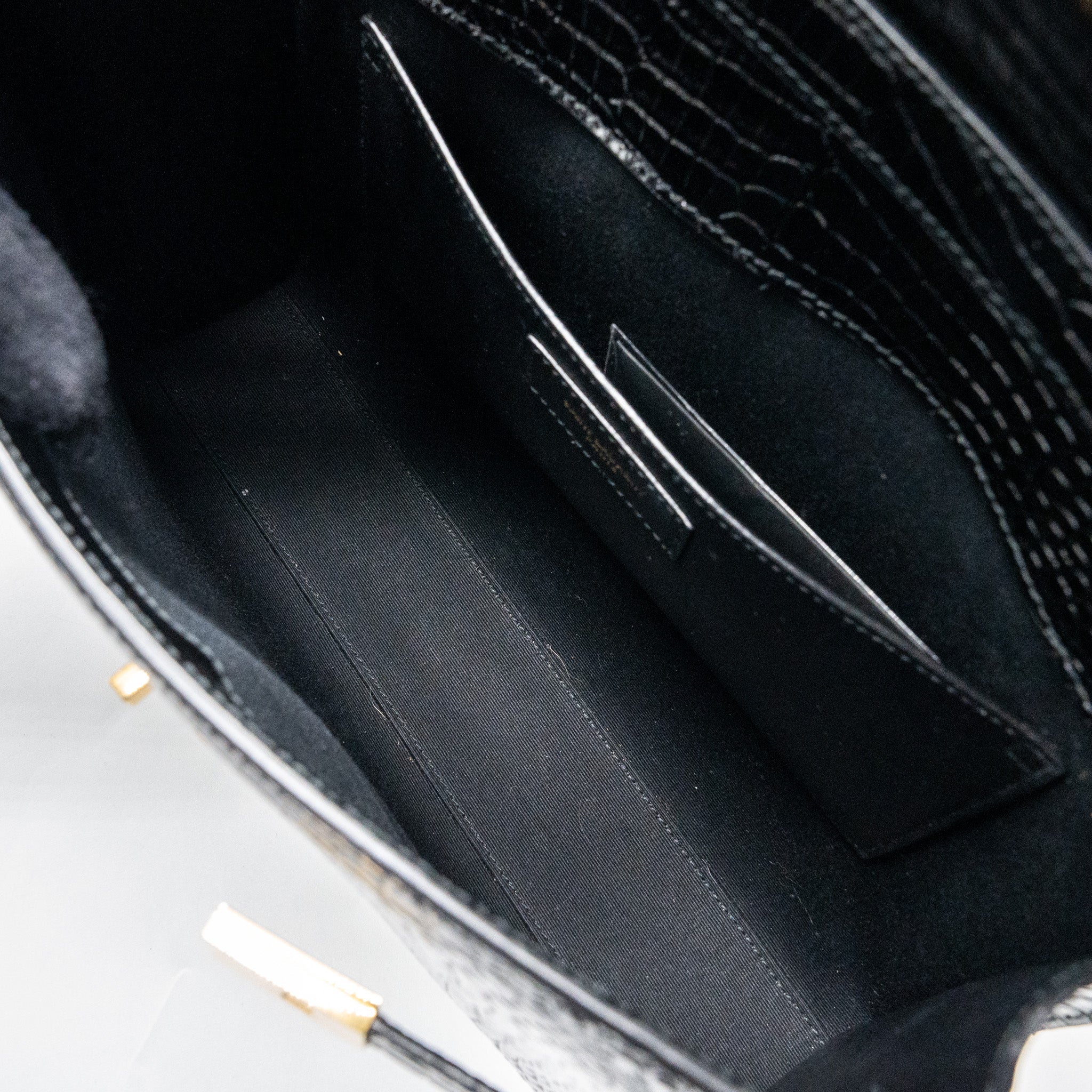 SAINT LAURENT MANHATTAN SHOULDER BAG CROC-EMBOSSED CALFSKIN BLACK GHW