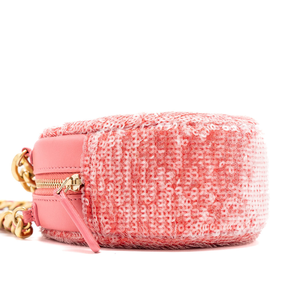 CHANEL 19 ROUND PURSE WITH CHAIN SEQUINS PINK MULTICOLOUR HARDWARE