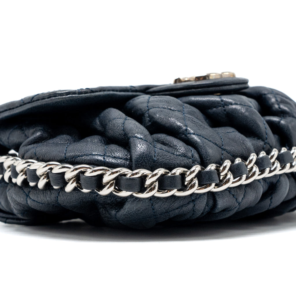 CHANEL MINI ROUND FLAP BAG WITH CHAIN AGED CALFSKIN NAVY SHW