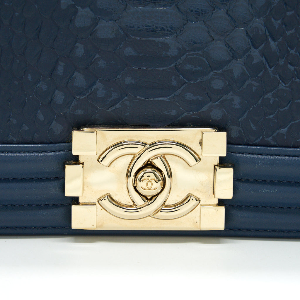 CHANEL MEDIUM BOY FLAP BAG PYTHON LEATHER BLUE LGHW
