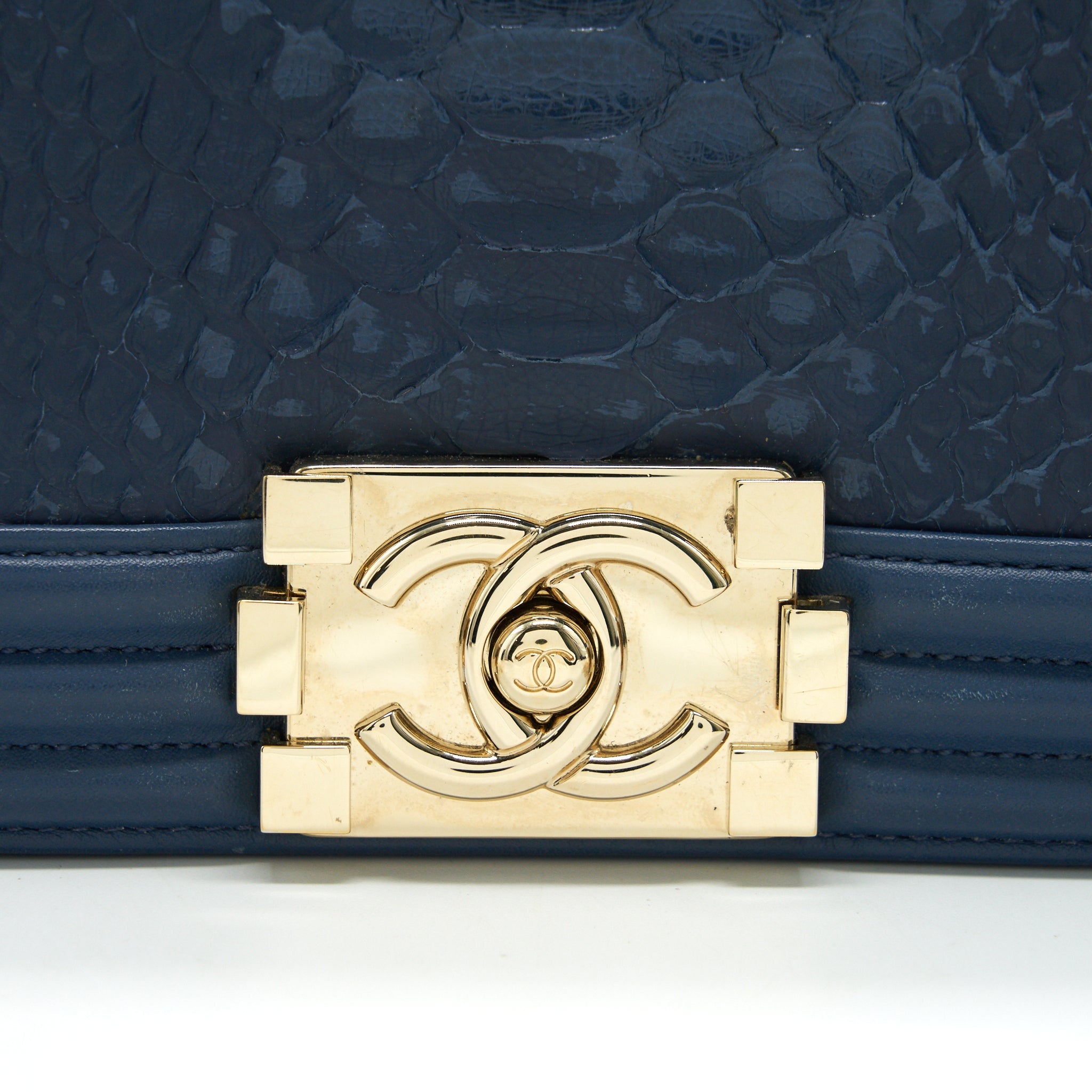 CHANEL MEDIUM BOY FLAP BAG PYTHON LEATHER BLUE LGHW