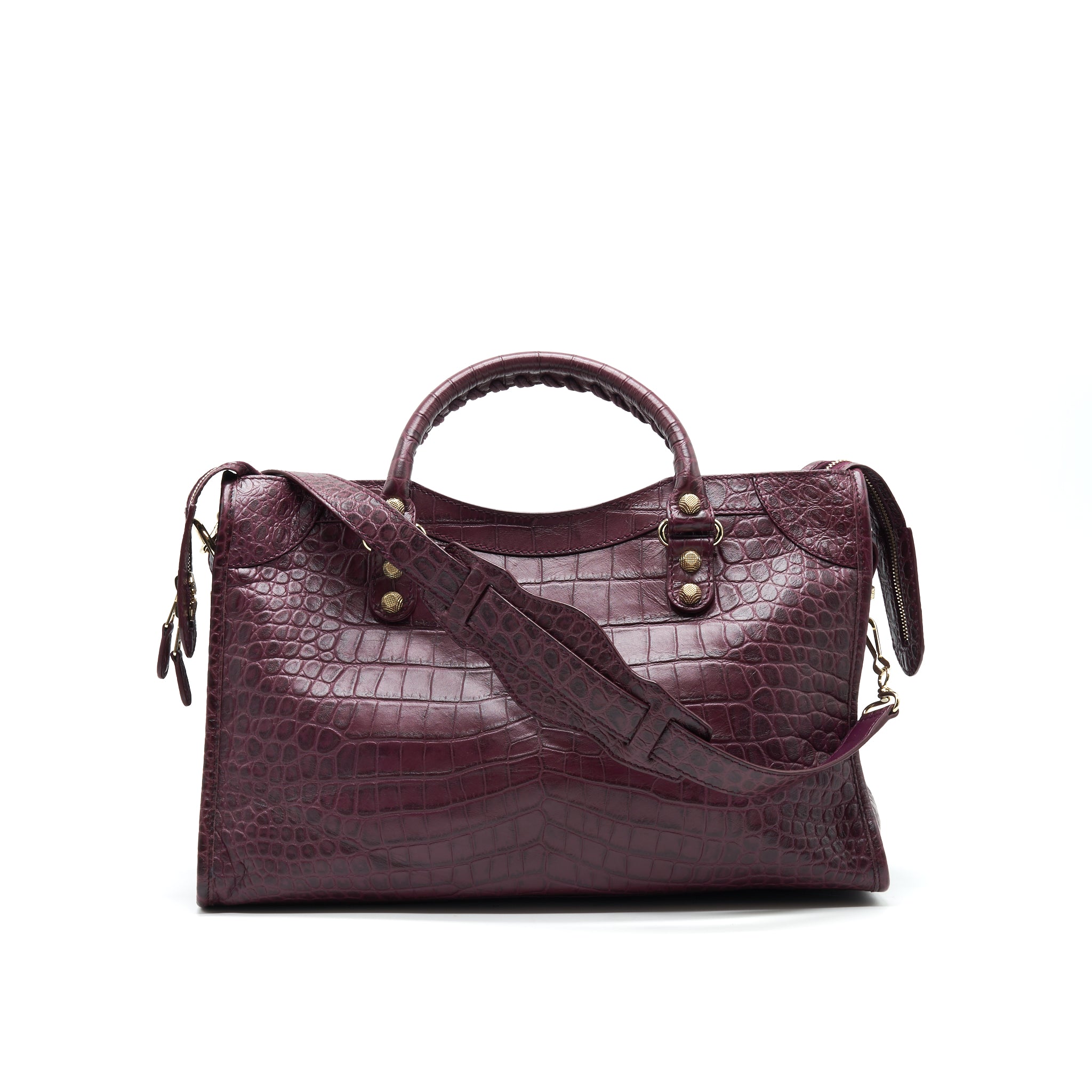 BALENCIAGA MEDIUM GIANT CITY BAG BURGUNDY CROCODILE EMBOSSED LEATHER WITH GHW