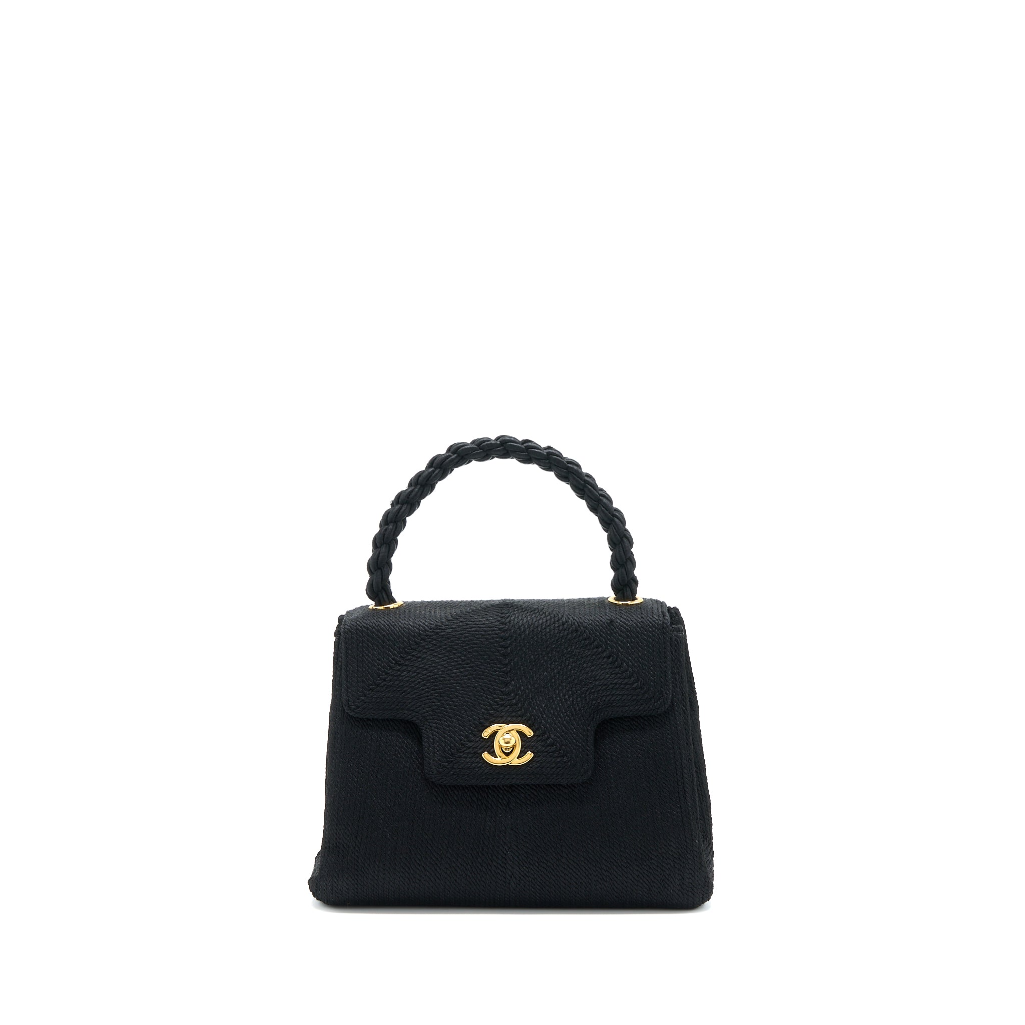 CHANEL VINTAGE TOP HANDLE FLAP BAG WOVEN SILK BLACK GHW