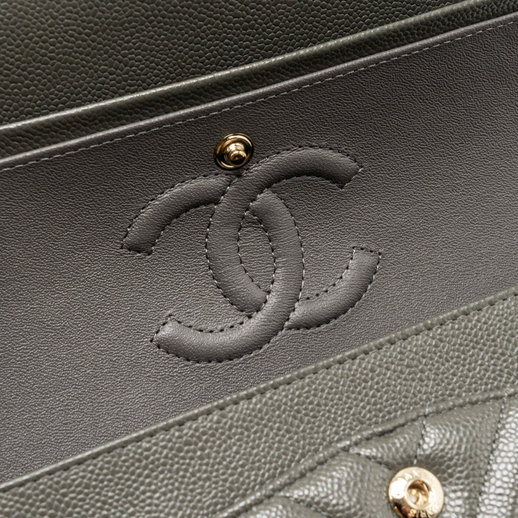 CHANEL SMALL CLASSIC DOUBLE FLAP BAG CHEVRON CAVIAR DARK GREY LGHW