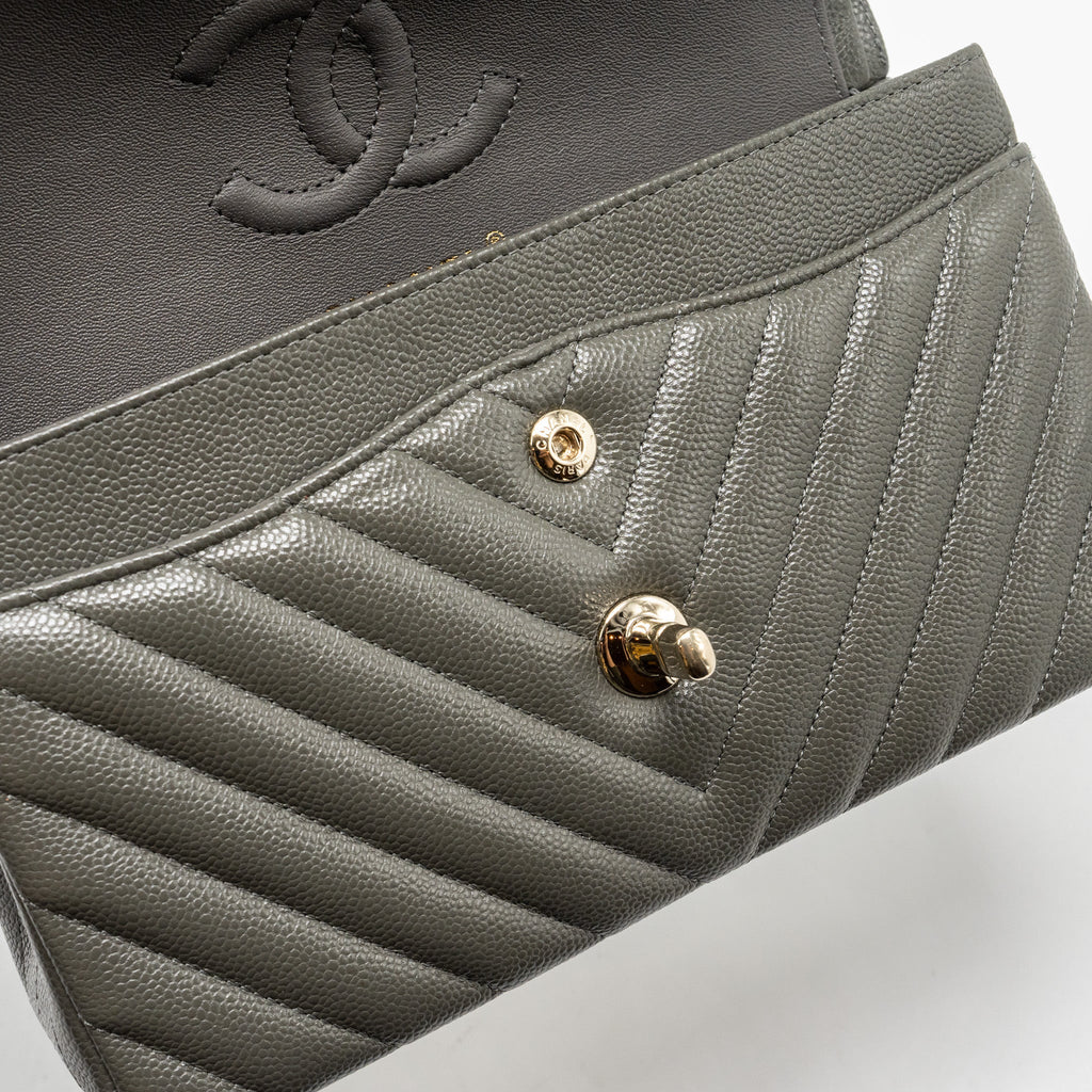 CHANEL SMALL CLASSIC DOUBLE FLAP BAG CHEVRON CAVIAR DARK GREY LGHW
