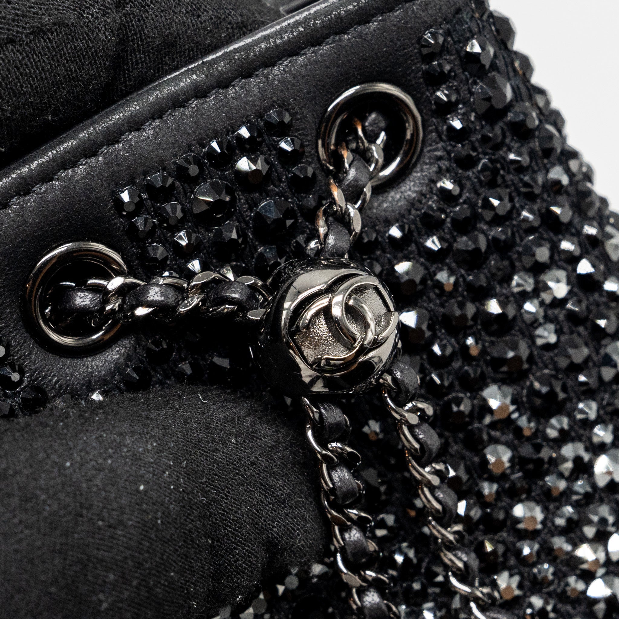 CHANEL SUPER MINI CRYSTAL STUDDED CLUTCH WITH CHAIN LAMBSKIN BLACK RUTHENIUM HARDWARE
