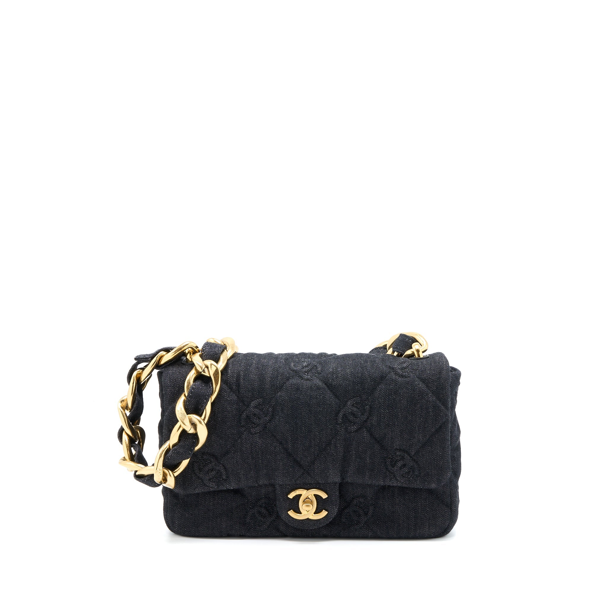 CHANEL CHUNKY CHAIN FLAP BAG DENIM BLACK BRUSHED GHW (MICROCHIP)
