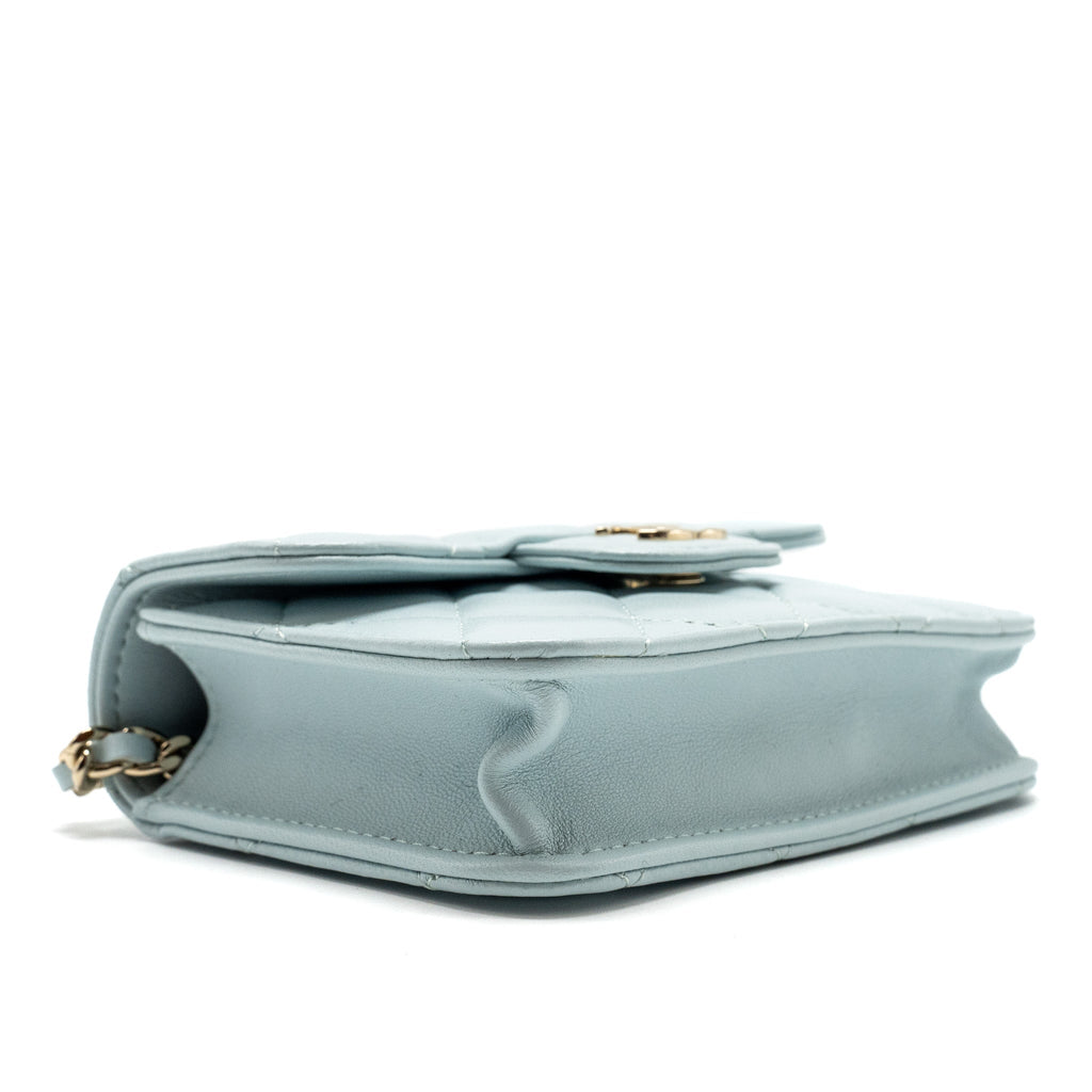 CHANEL TOP HANDLE MINI FLAP CLUTCH WITH CHAIN LAMBSKIN LIGHT BLUE LGHW