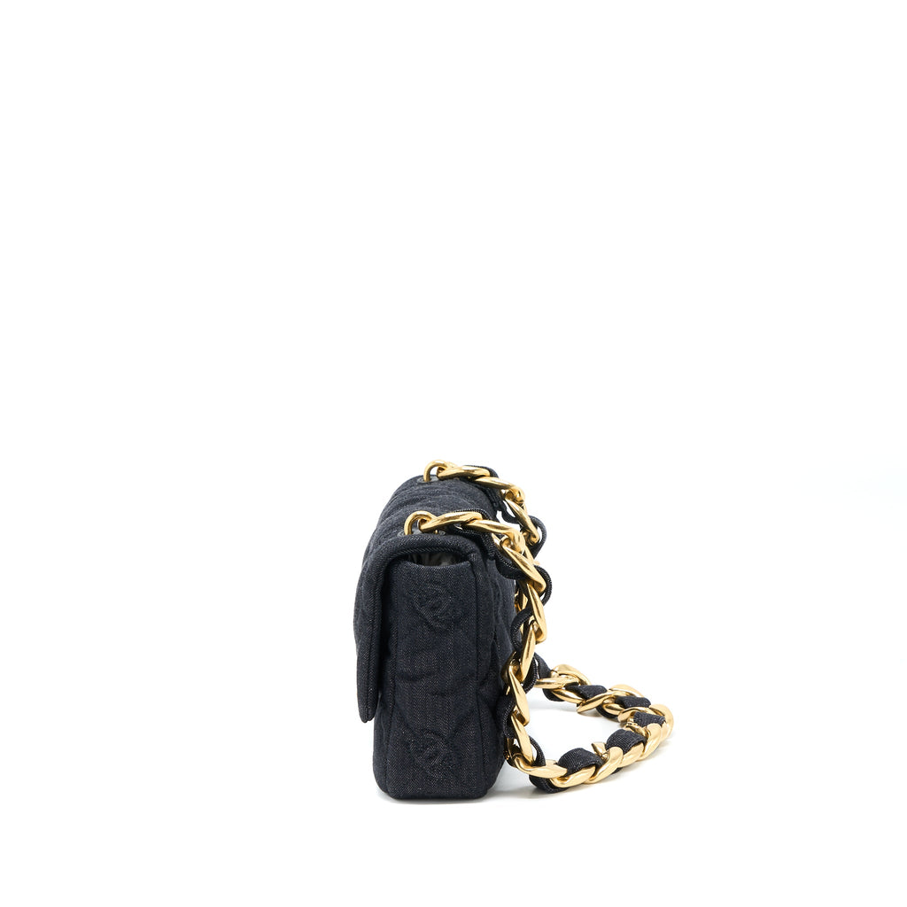 CHANEL CHUNKY CHAIN FLAP BAG DENIM BLACK BRUSHED GHW (MICROCHIP)