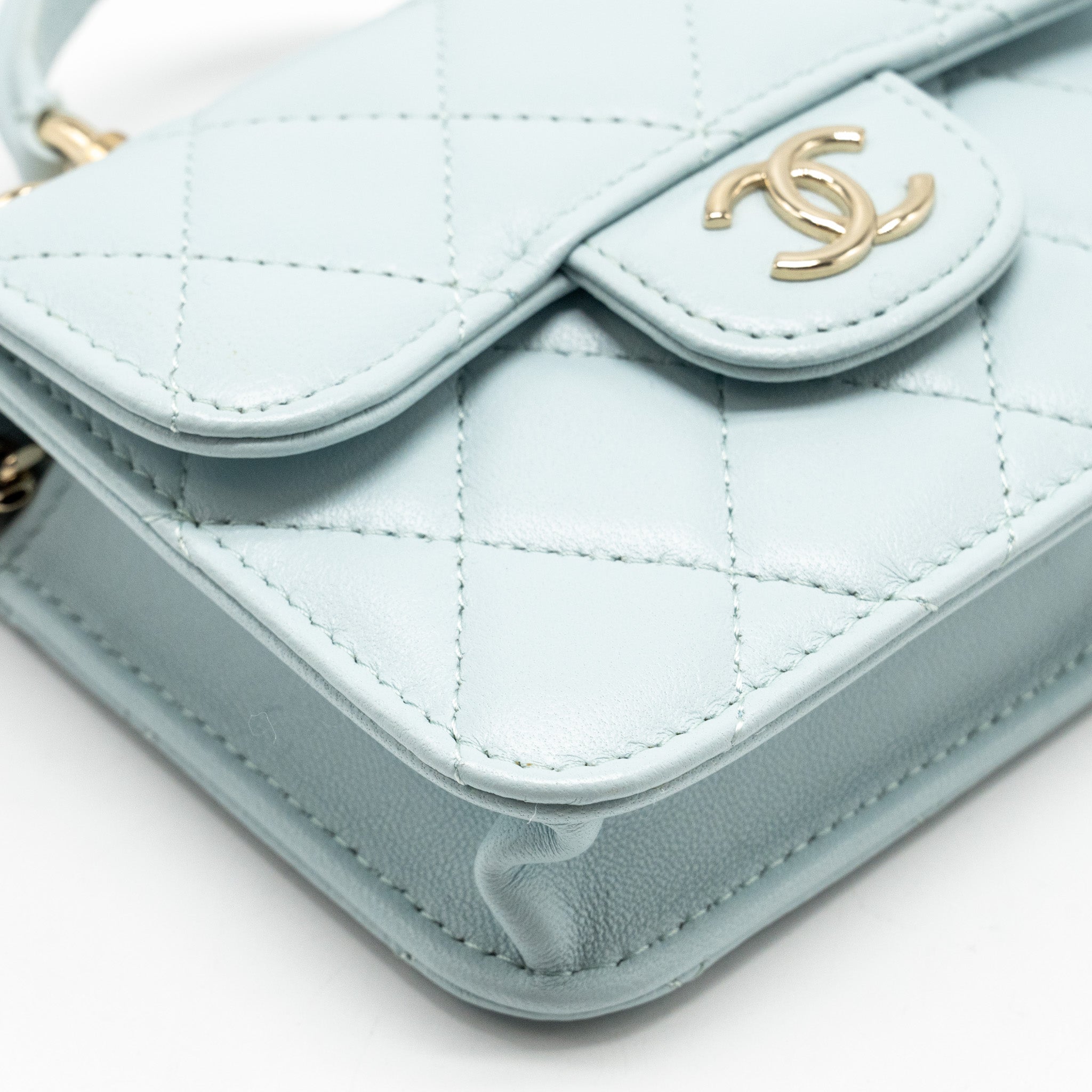 CHANEL TOP HANDLE MINI FLAP CLUTCH WITH CHAIN LAMBSKIN LIGHT BLUE LGHW