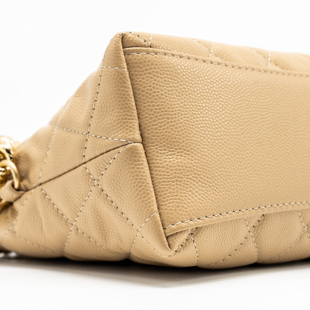CHANEL CC LOGO QUILTED MINI CLUTCH WITH CHAIN CAVIAR BEIGE GHW (MICROCHIP)