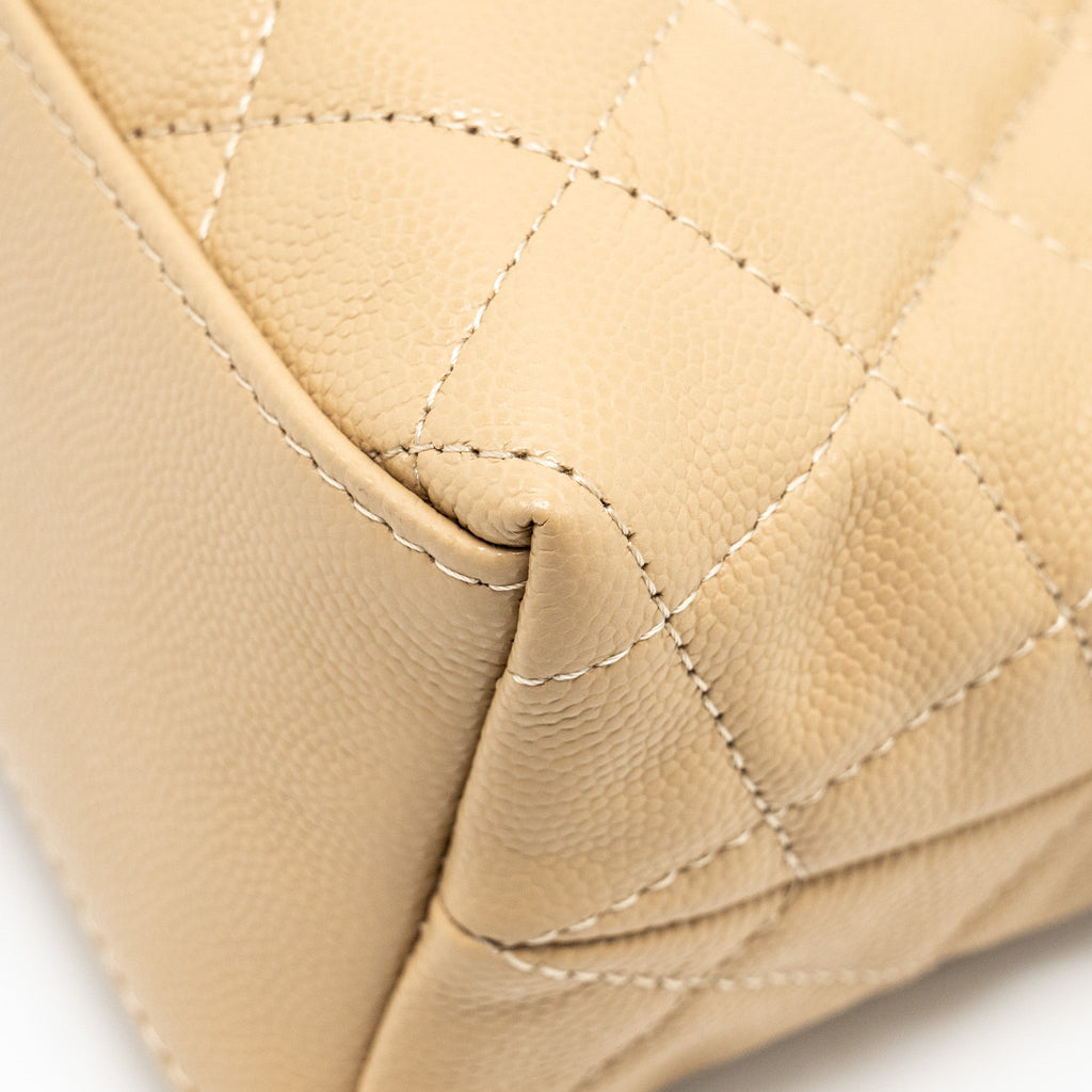 CHANEL CC LOGO QUILTED MINI CLUTCH WITH CHAIN CAVIAR BEIGE GHW (MICROCHIP)