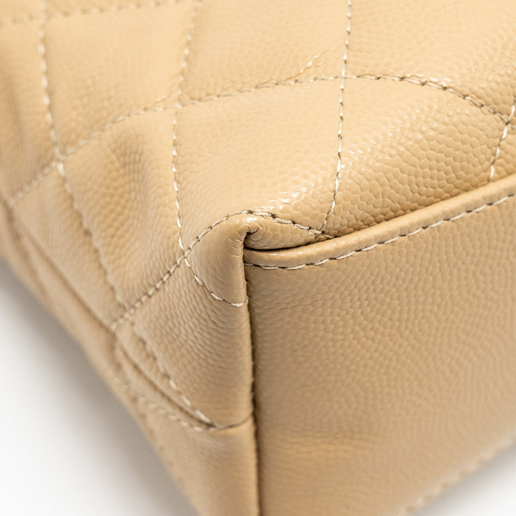 CHANEL CC LOGO QUILTED MINI CLUTCH WITH CHAIN CAVIAR BEIGE GHW (MICROCHIP)