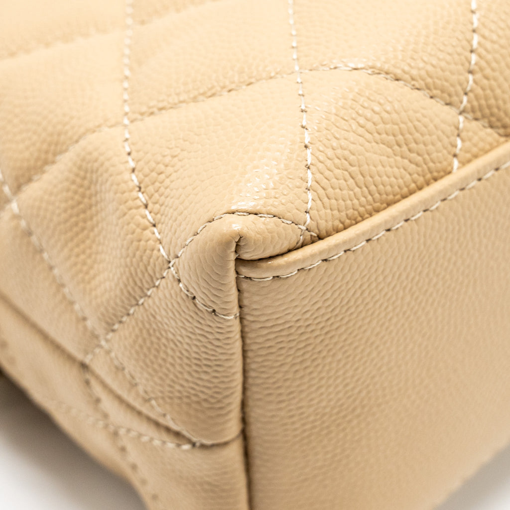 CHANEL CC LOGO QUILTED MINI CLUTCH WITH CHAIN CAVIAR BEIGE GHW (MICROCHIP)