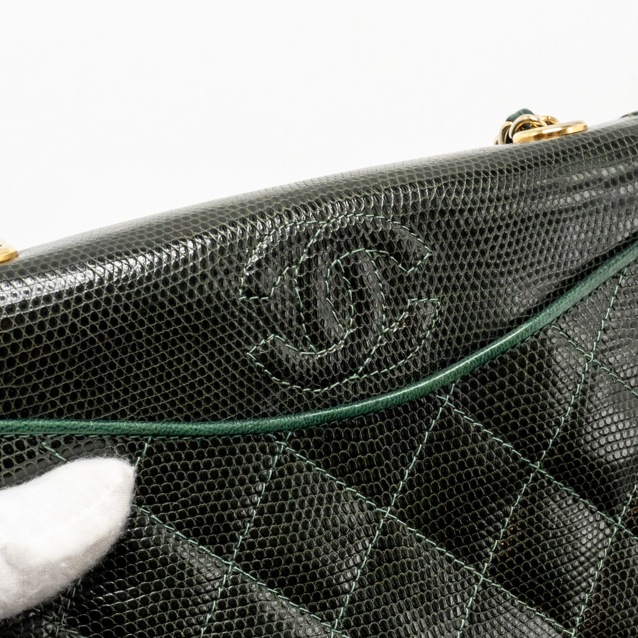 CHANEL VINTAGE ENVELOP FLAP BAG WITH CHAIN LIZARD DARK GREEN GHW