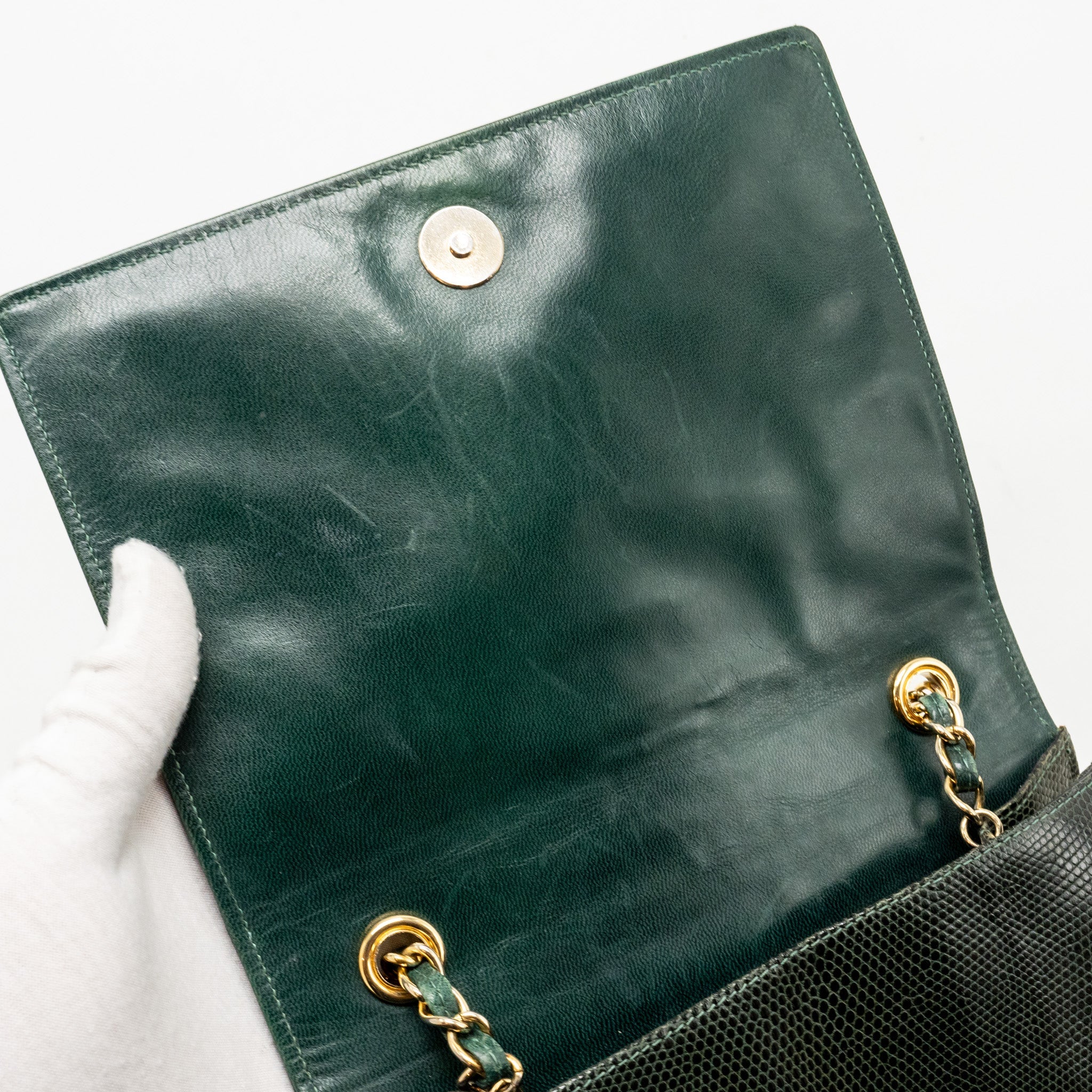 CHANEL VINTAGE ENVELOP FLAP BAG WITH CHAIN LIZARD DARK GREEN GHW