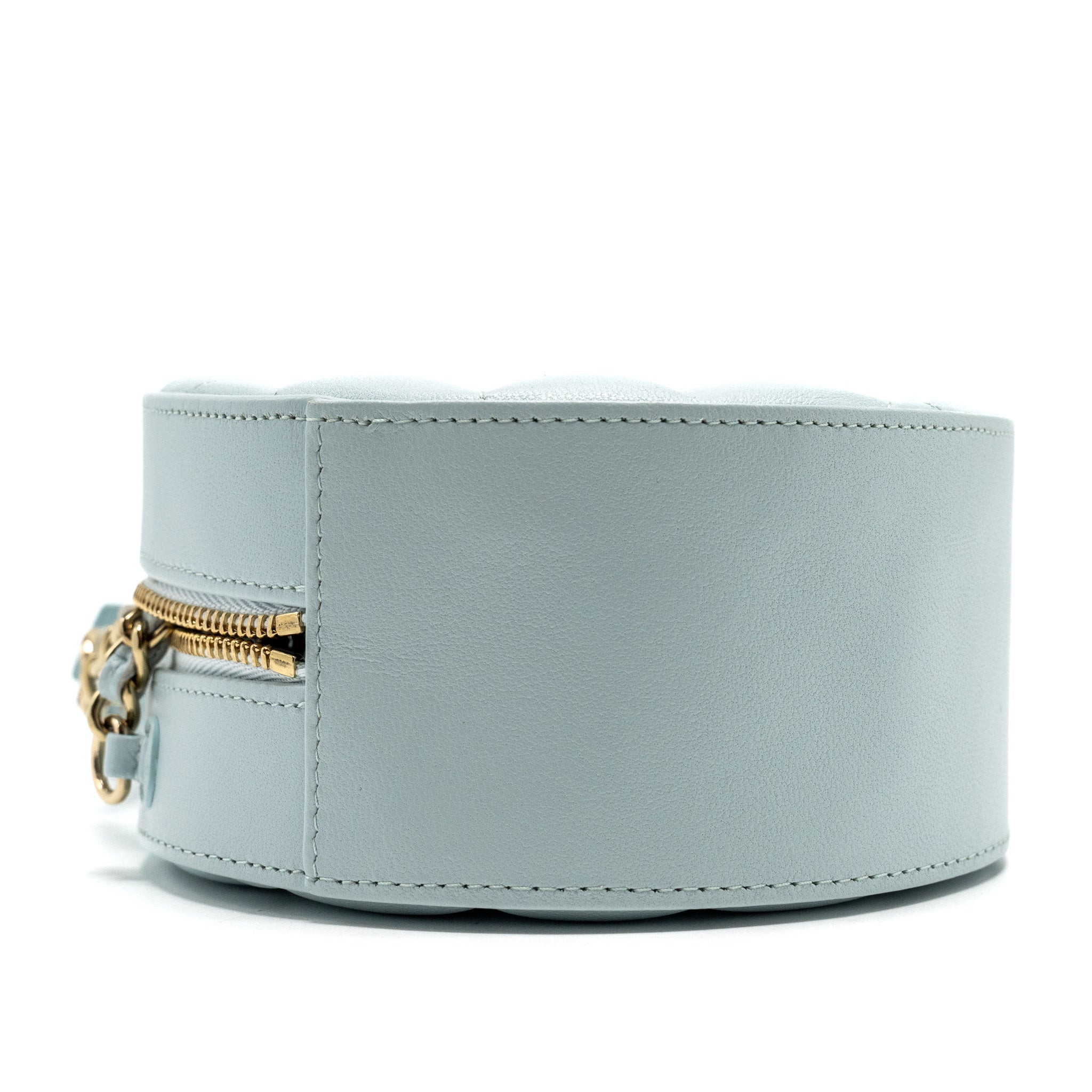 CHANEL MINI ROUND VANITY WITH RIBBON ON CHAIN LAMBSKIN LIGHT BLUE LGHW