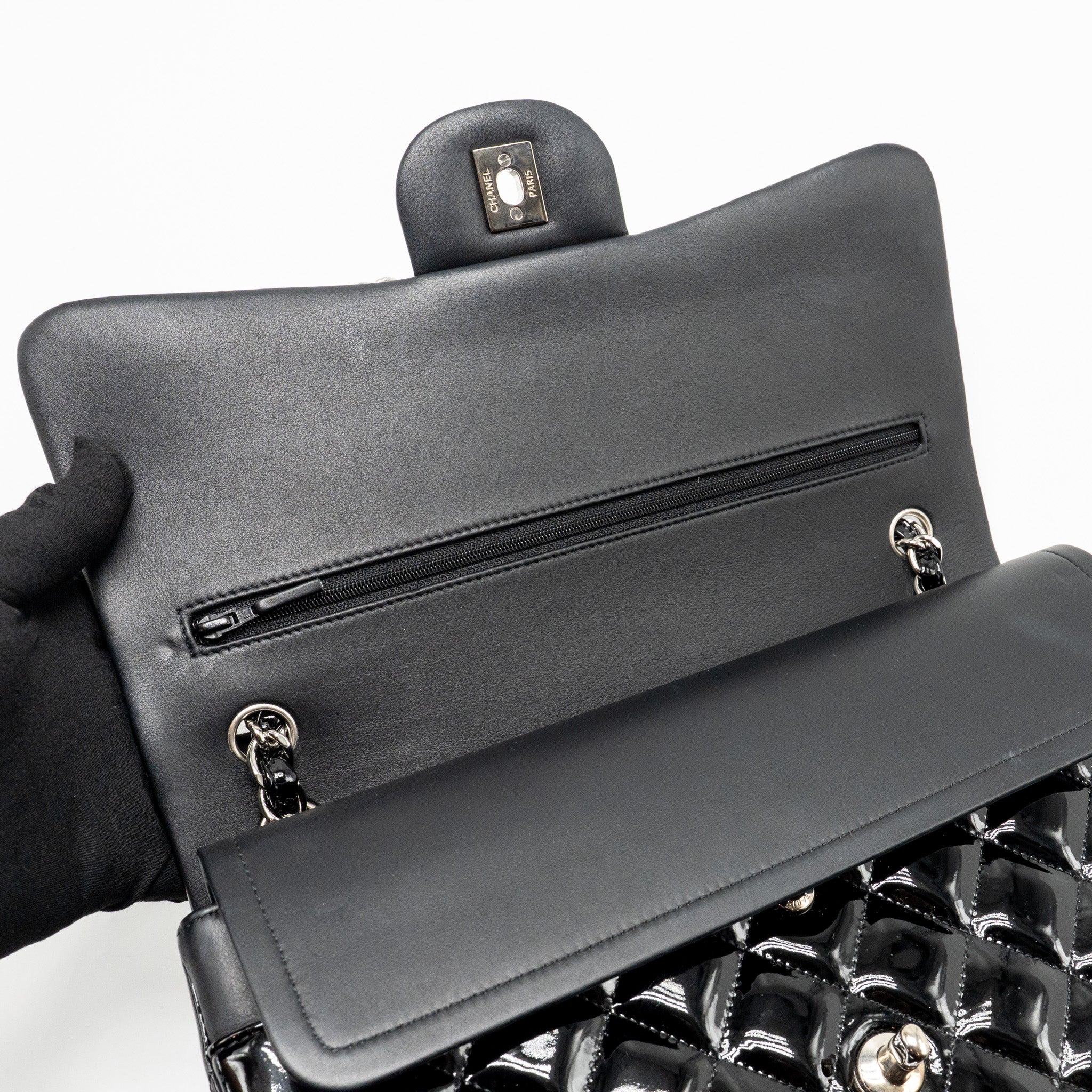 CHANEL JUMBO CLASSIC DOUBLE FLAP BAG PATENT BLACK SHW