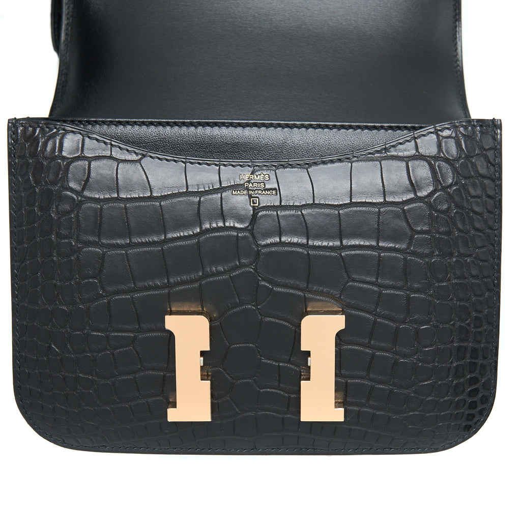 HERMES MINI CONSTANCE ALLIGATOR MISSISSIPPIENSIS MAT BLACK RGHW