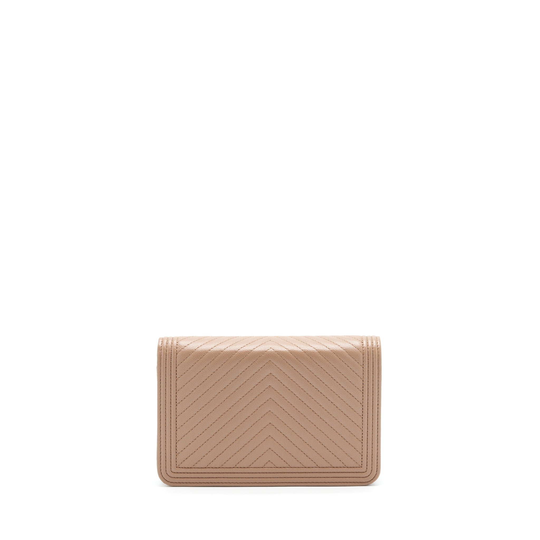 CHANEL CHEVRON BOY WALLET ON CHAIN CAVIAR DARK BEIGE RUTHENIUM HARDWARE