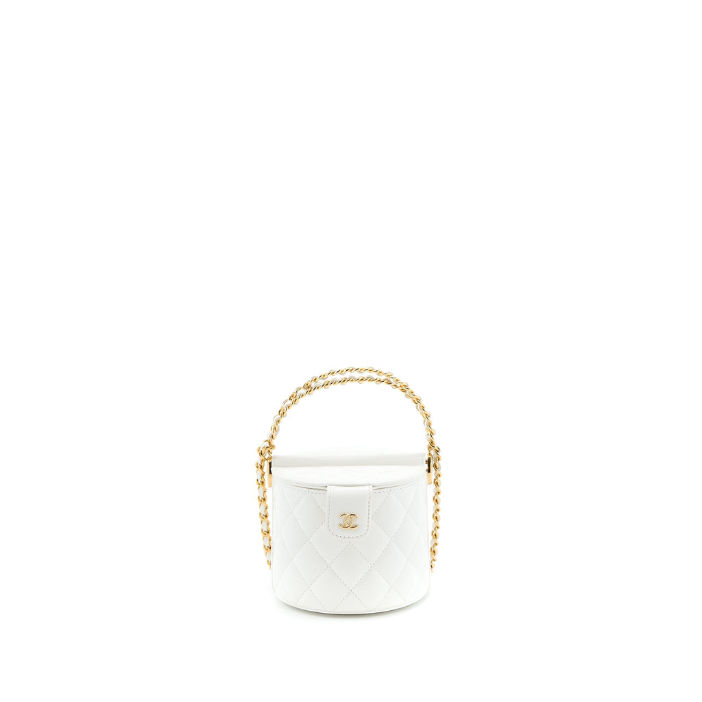 CHANEL TOP HANDLE ROUND VANITY WITH CHAIN LAMBSKIN WHITE GHW (MICROCHIP)