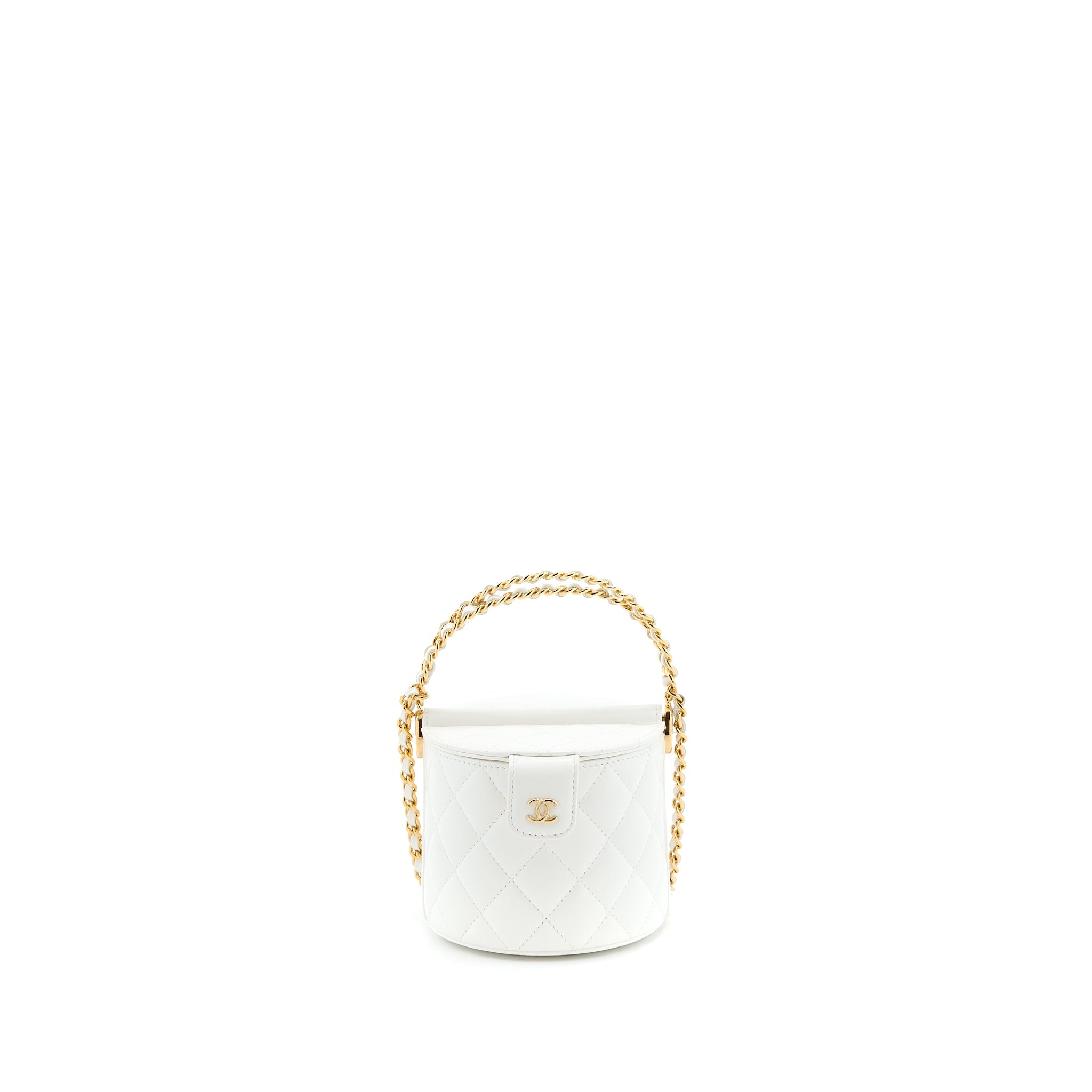CHANEL TOP HANDLE ROUND VANITY WITH CHAIN LAMBSKIN WHITE GHW (MICROCHIP)