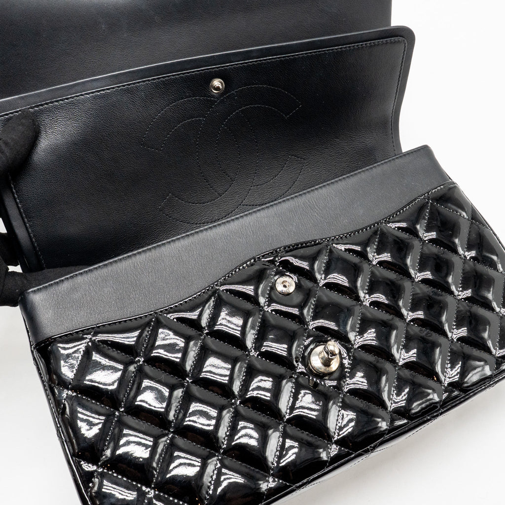 CHANEL JUMBO CLASSIC DOUBLE FLAP BAG PATENT BLACK SHW