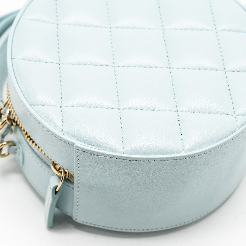 CHANEL MINI ROUND VANITY WITH RIBBON ON CHAIN LAMBSKIN LIGHT BLUE LGHW